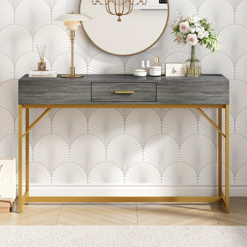 Konsolentisch, Flurkonsole mit 1 Schublade, Leichter Luxus-Beistelltisch, Couchtisch, 120X38X76 Cm, Grau/Golden