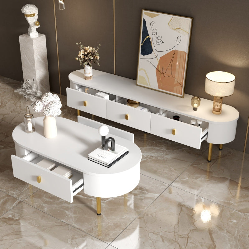 Stilvolles Weißes Lowboard TV-Schrank mit Goldenen Griffen und Gebogenen Beinen, Elegantes Design mit Dekorativen Akzenten - Kein Strom Erforderlich, Langlebiges Material