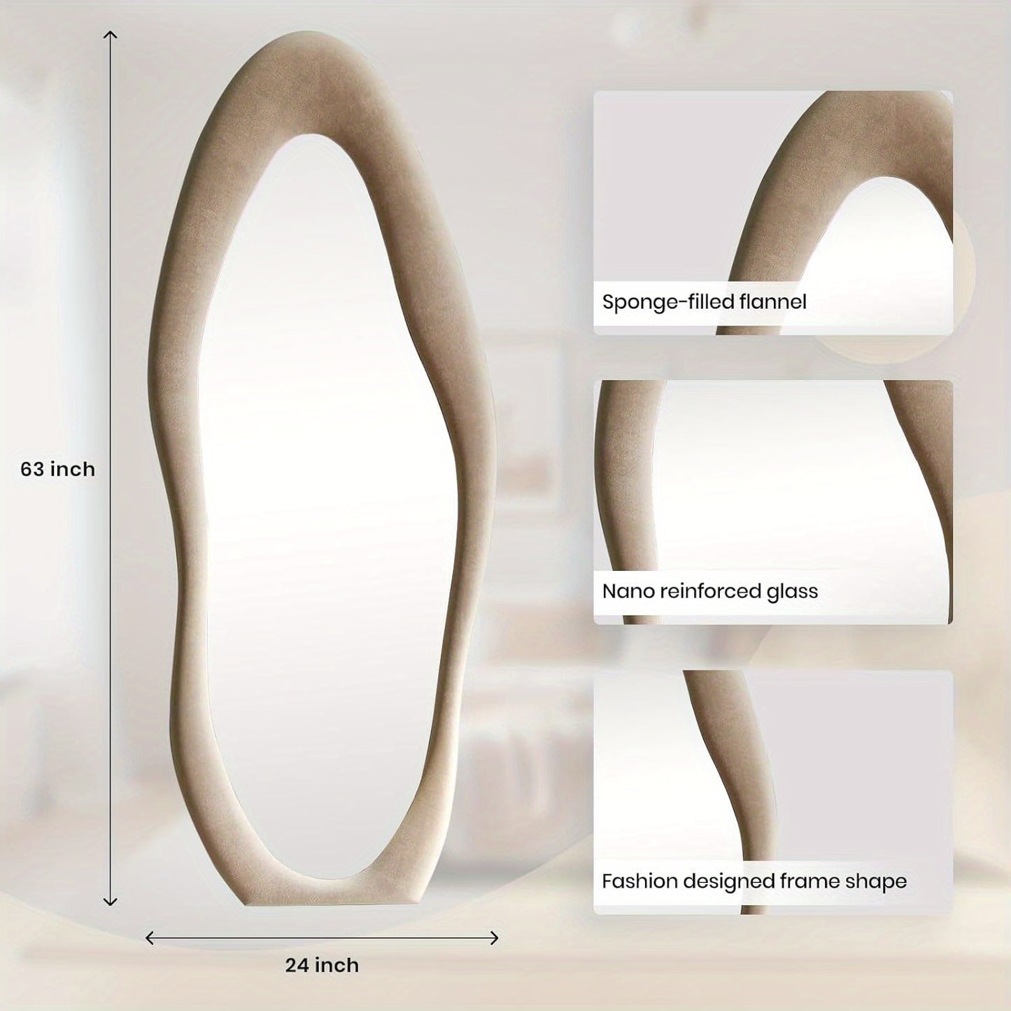 Vollständige Länge Unregelmäßig Gebogener/Symmetrischer Ovaler Spiegel - Grüner Flanellrahmen Boden-/Wandspiegel mit Ständer, Einfache Montage, Ideal für Schlafzimmer & Badezimmer, Moderne Wohnraumdekoration, Badezimmerspiegel, Spiegelwanddekoration, Spi