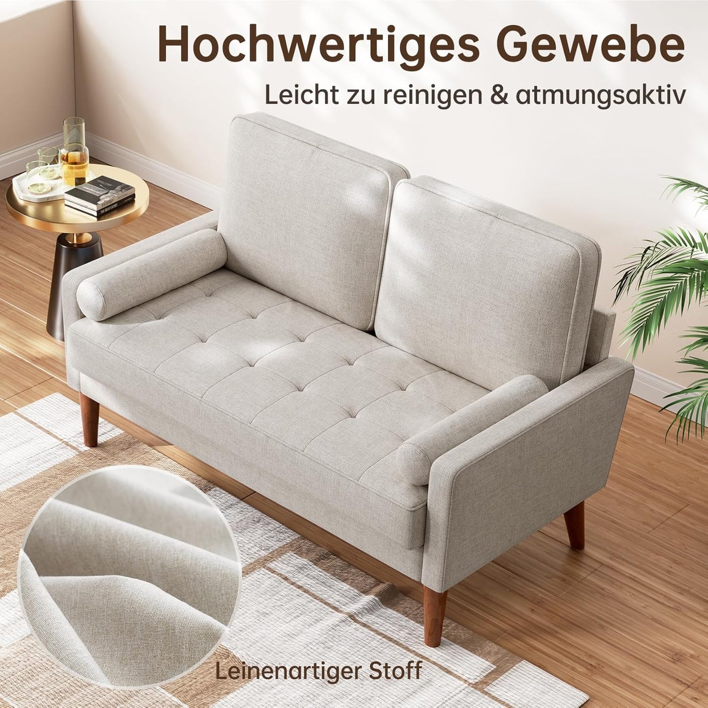 Moderner Kompakt-2-Sitzer Sofa mit 2 Kissen – Platzsparende Mini-Sektionsgarnitur in Aschbeige & Grau, Massivholzrahmen weiche Polsterung, klassisches zeitgenössisches Design für kleine Wohnräume, Apartments, Büros - Einfache Montage erforderlich, langl
