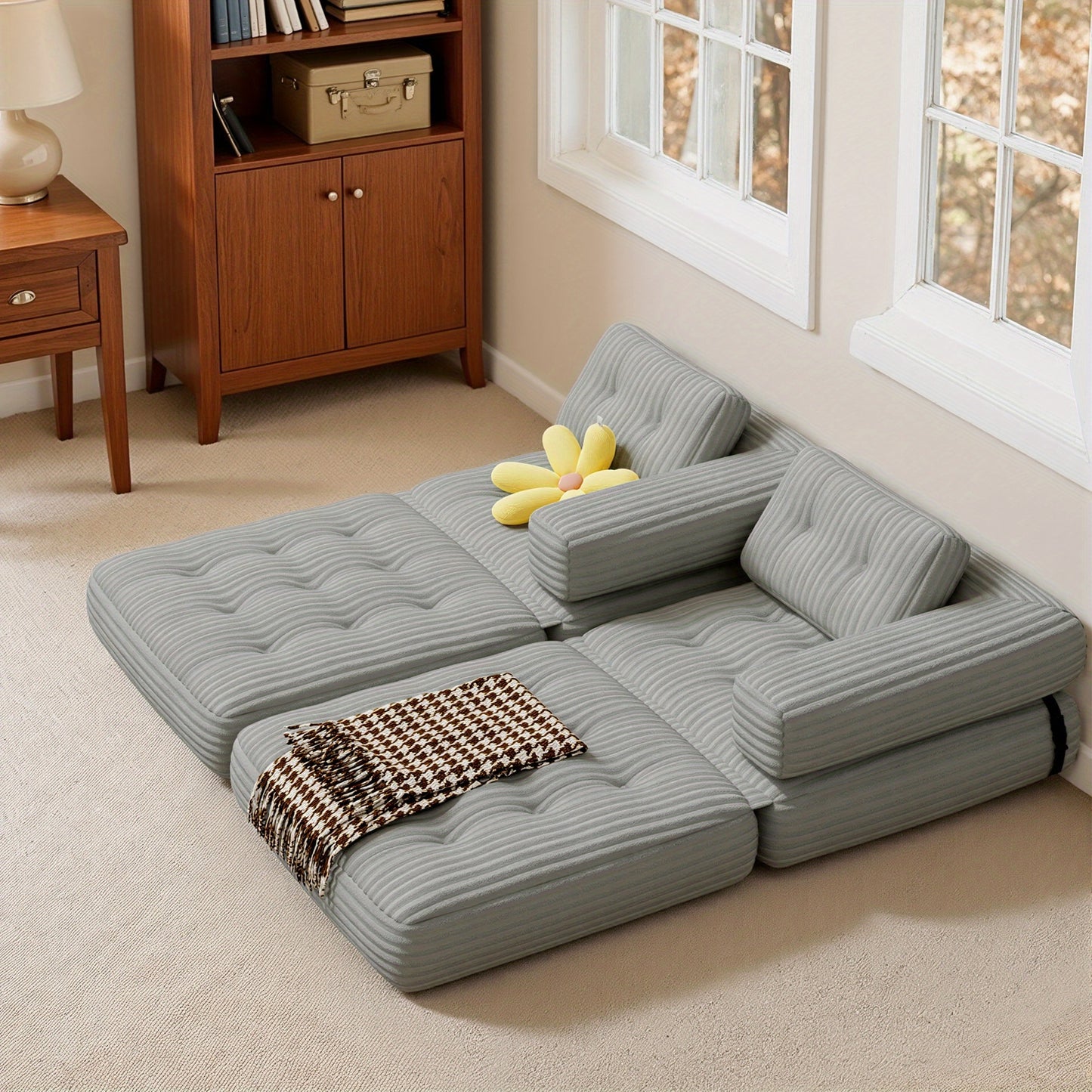 2-in-1 Einzel-Sessel Sofa mit L-förmigem Rückenlehne & Rutschfester Basis - Modernes Sofa Bett mit Kissen, Platzsparendes Design für Wohnzimmer, Schlafzimmer