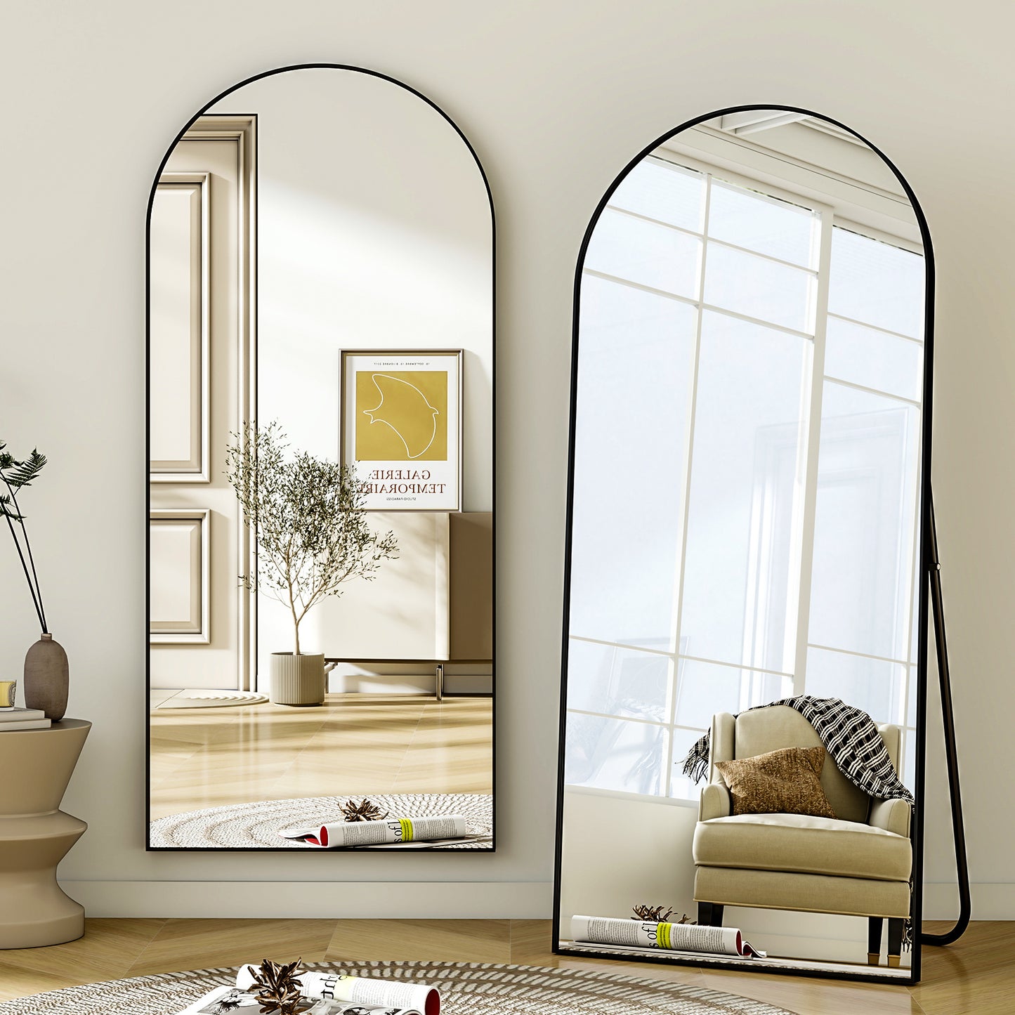Ganzkörperspiegel 200x90 cm, Bogenförmiger Standspiegel mit Aluminiumrahmen – Großer Wandspiegel und Bodenspiegel zum Stehen, Anlehnen oder Aufhängen, für Schlafzimmer & Wohnzimmer, Gold/Schwarz
