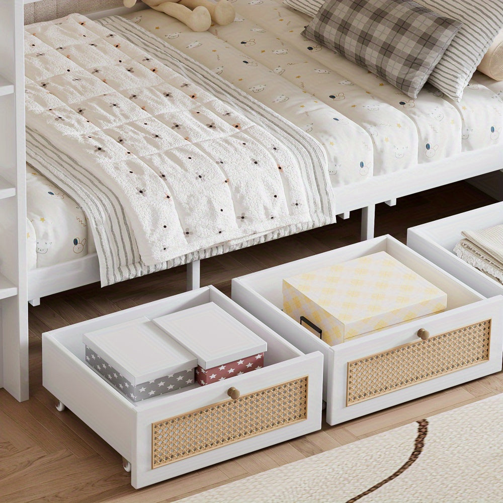 Moderner Weißer & Natürlicher Rattan-Etagere mit 3 Ausziehbaren Schubladen, Kiefer/MDF Lamellenrahmen & Sicherheitsgeländer - 90x200cm, Einfache Montage, Kein Strombedarf, Platzsparendes Design für Kleine Räume, Wohnheimzubehör, Gästezimmer, Schlafzimmer