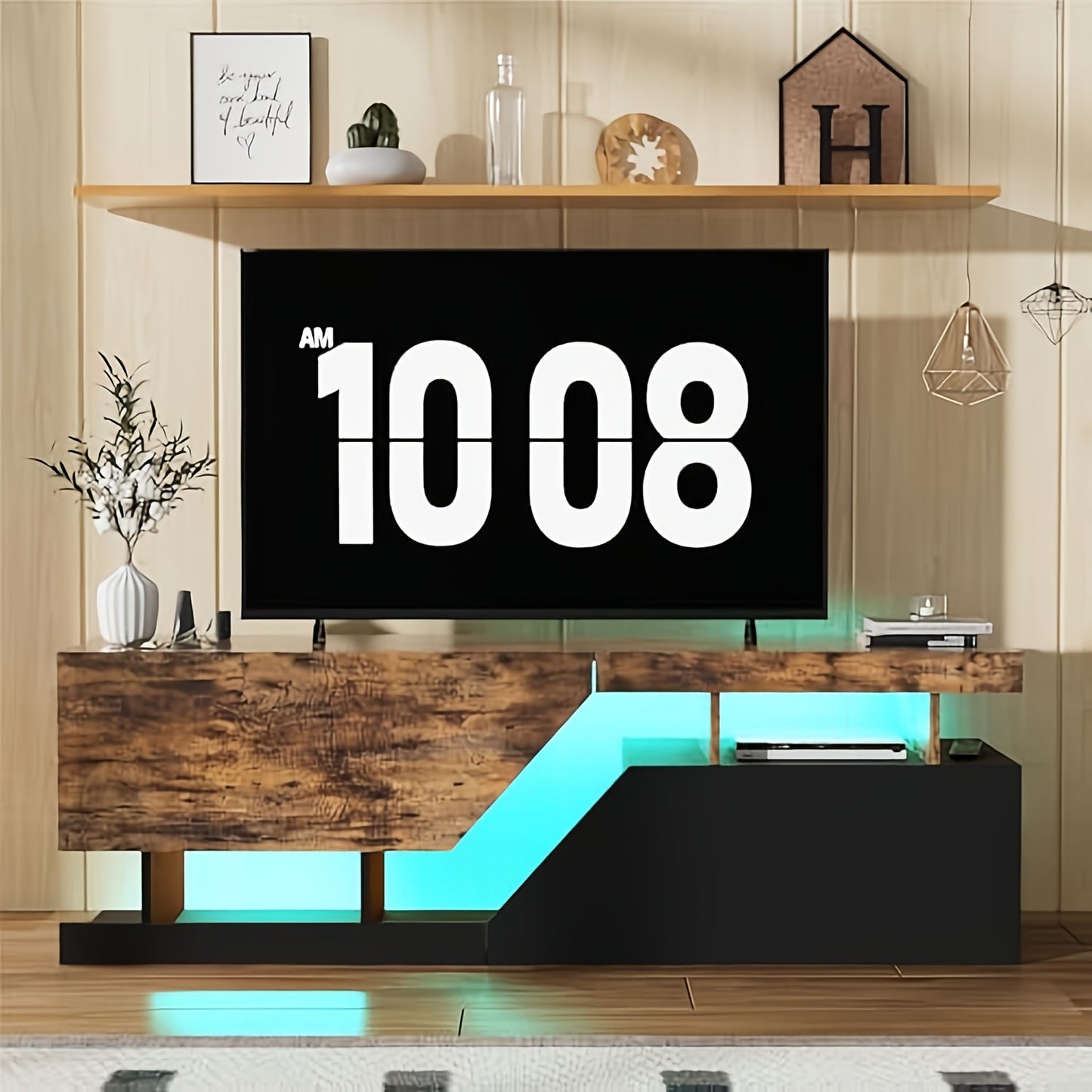 TV-Schrank mit 2 Klappen/Türen, Moderne Grifffreie Offene TV-Seitentheke für Fernseher bis zu 165.1 cm, TV-Tischsideboard für Wohnzimmer und Unterhaltungszimmer