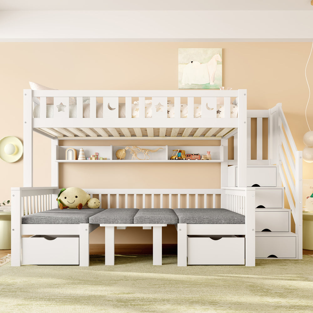 Multifunktionales Hochbett mit klappbarem Schreibtisch, Zwei-in-Eins Bett und Schreibtisch, Schlafzimmerbett mit Stauraum, multifunktionales Bett, das in Tisch und Stuhl umgewandelt werden kann, mit grauen Kissen, platzsparendes Doppelbett für kleine Woh