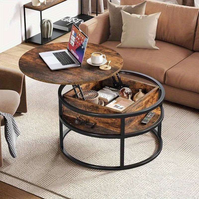 Verstellbarer Runder Kaffeetisch mit Hebeplatte und verstecktem Stauraum – Vintage-Holzdesign, platzsparender Multifunktions-Tisch für Wohnzimmer & Homeoffice, einfache Montage