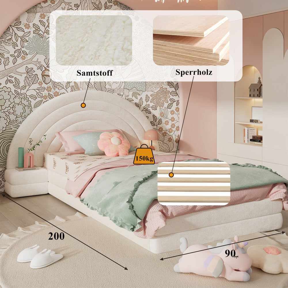 90X200Cm Einzelweiches Bett, Upholsteriertes Bett mit Kopfteil und Tischen auf beiden Seiten, Einfach, Stilvoll und Bequem, Modernes Bettgestell, Beige, Massivholzgestell, Stabile Struktur, Leise und Rutschfeste Schlafzimmermöbel, Nordische Stil Schlafzi