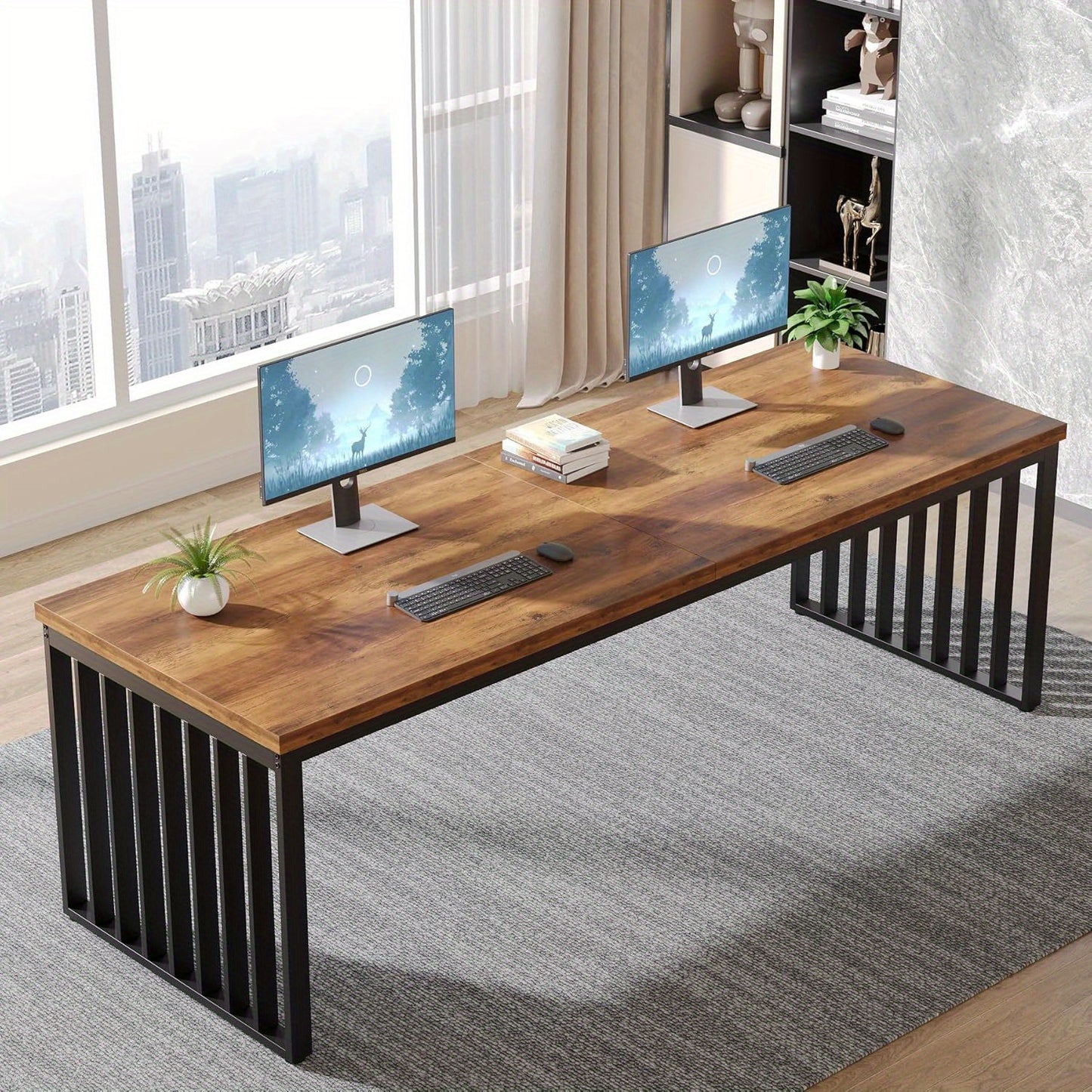 Großer Computer-Schreibtisch, 180 cm Schreibtisch, PC-Tisch, Bürotisch mit robustem Metallrahmen, Arbeitsplatz für Home Office, Heimschreibtische, Konferenztisch, Braun (ohne Stuhl)