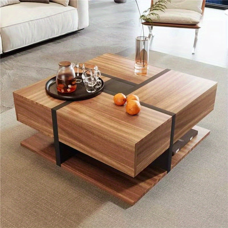 Zeitgenössischer Runder Couchtisch mit 4 Schubladen, Einzigartiges Holz- und Metall-Design, Ausreichend Stauraum, 78x78x36cm - Ideal für Wohnzimmer oder Küche