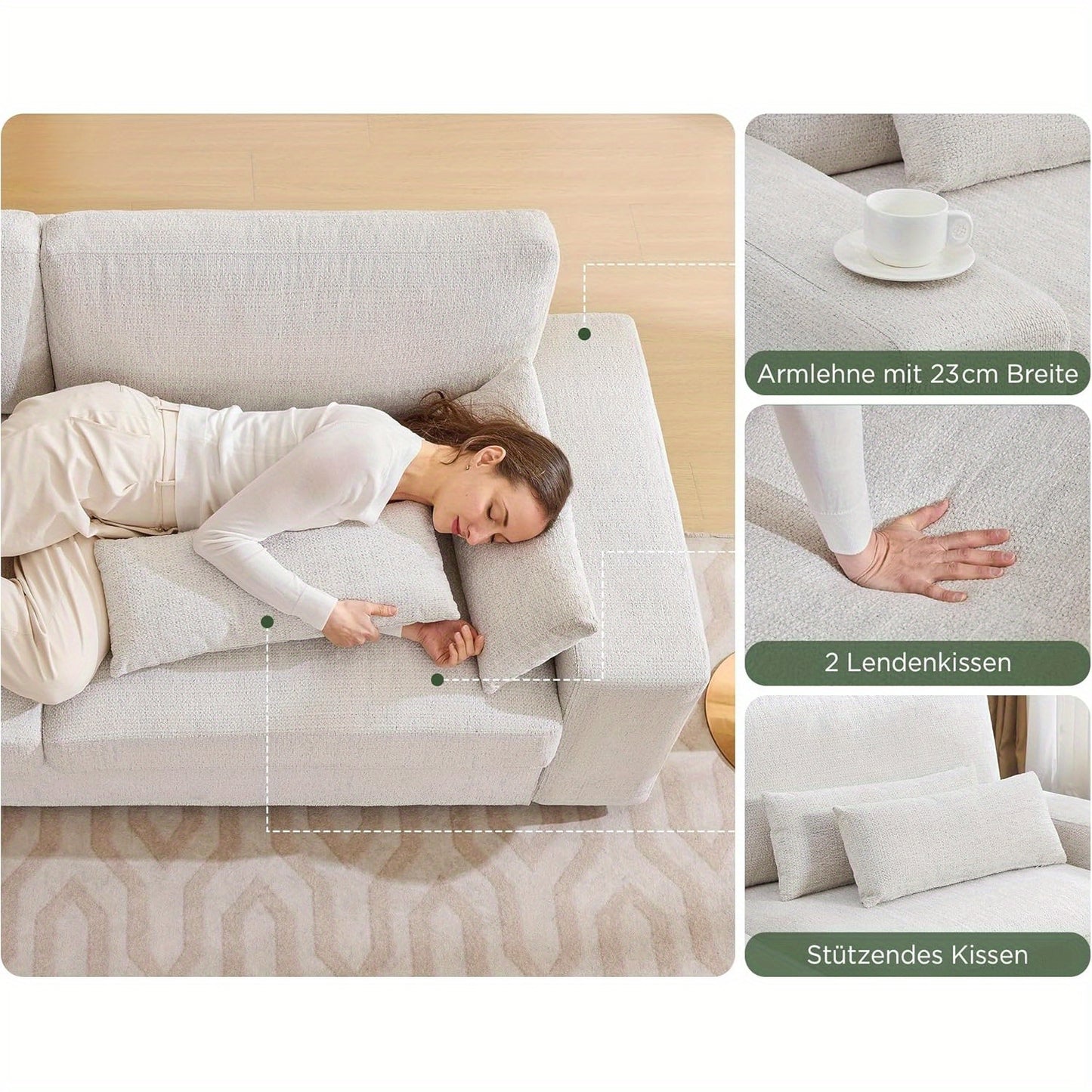 LUXOAK 220cm 3-Sitzer Beige Chenille Sofa - Tiefes Sitz mit Breiten Armlehnen & Einfache Montage, Modernes Design für Wohnzimmer & Schlafzimmer, Weiß, Schwammkissen, Holzrahmen, Kein Strombedarf, Sofastuhl, Zeitgenössisches Möbelstück, Langlebige Konstru