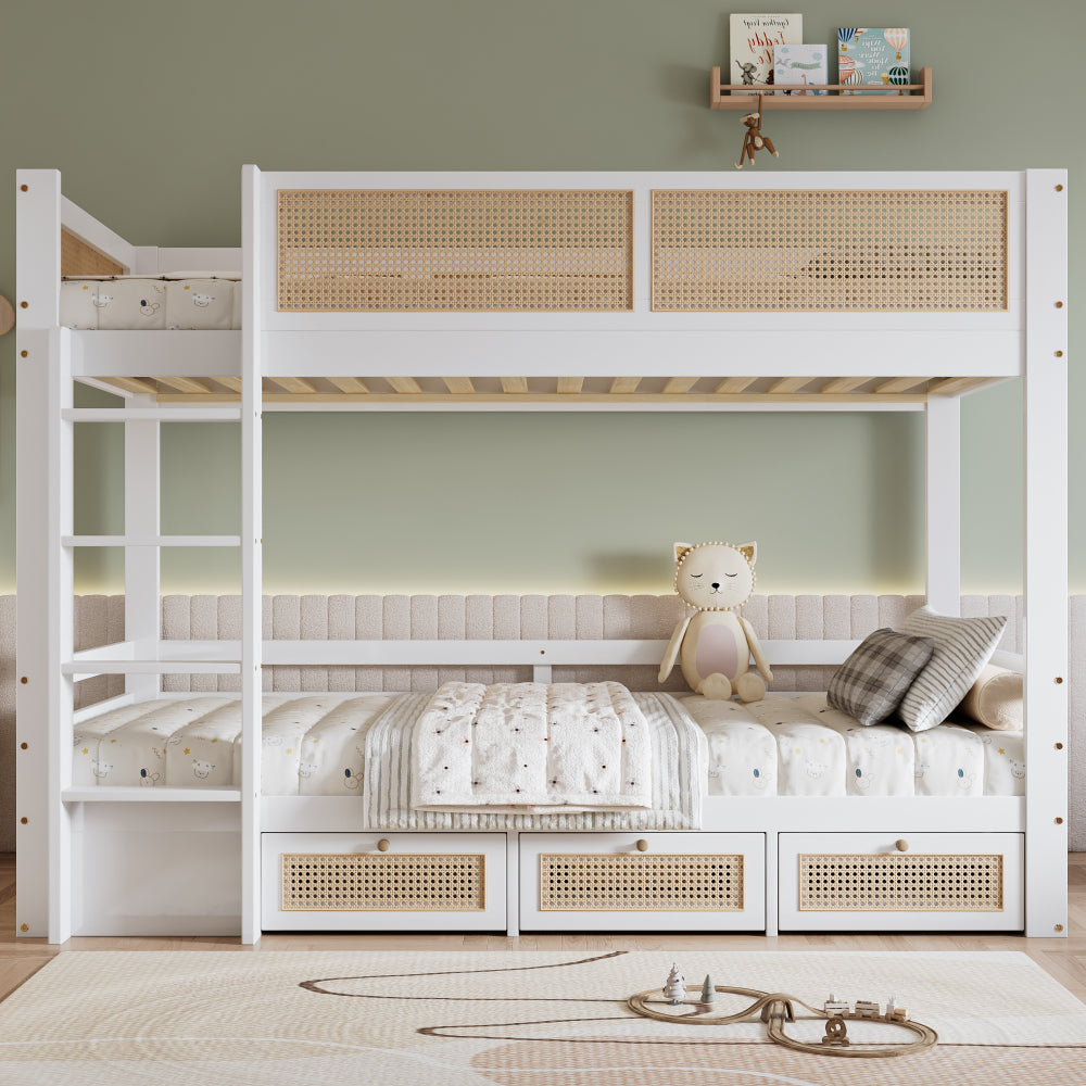 Moderner Weißer & Natürlicher Rattan-Etagere mit 3 Ausziehbaren Schubladen, Kiefer/MDF Lamellenrahmen & Sicherheitsgeländer - 90x200cm, Einfache Montage, Kein Strombedarf, Platzsparendes Design für Kleine Räume, Wohnheimzubehör, Gästezimmer, Schlafzimmer
