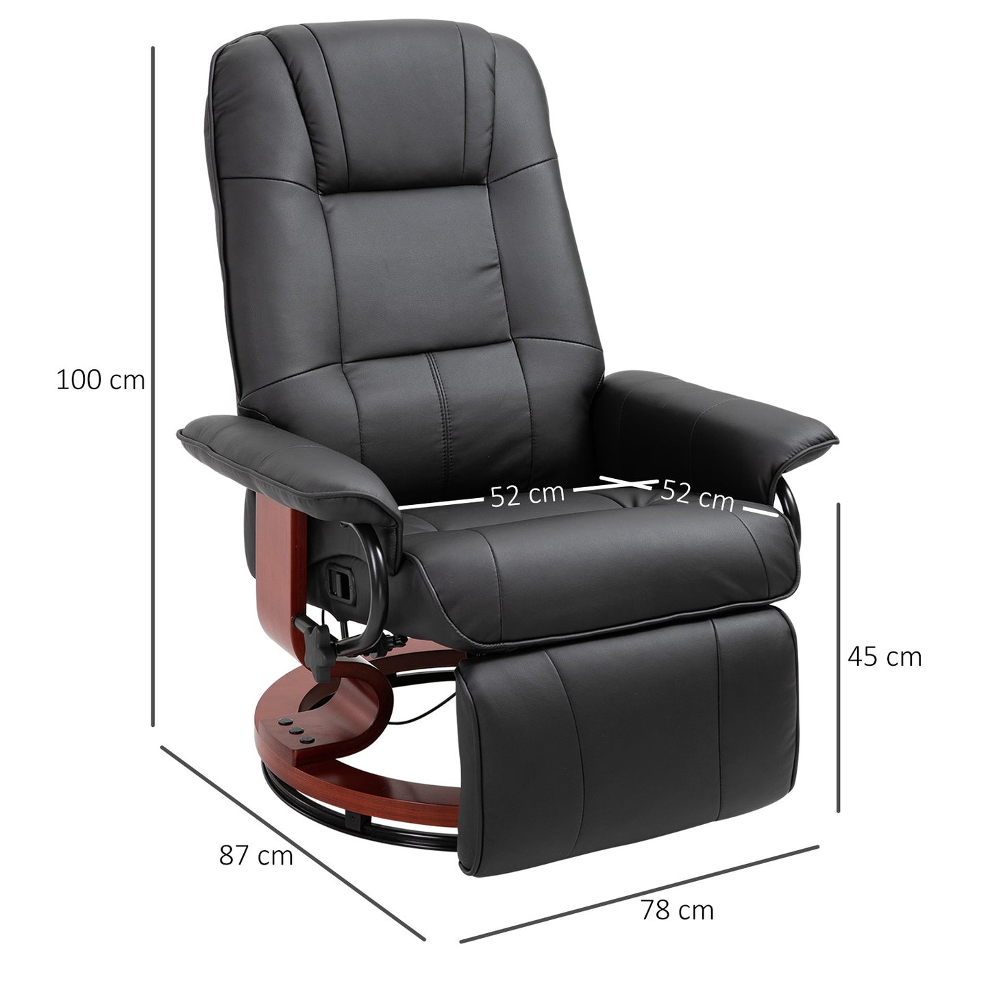 Relaxsessel Drehbar Fernsehsessel mit Liegefunktion, Fußstütze, Liegesessel mit Armlehne, Holzbeine für Wohnzimmer, Schlafzimmer, Kunstleder, Schwarz