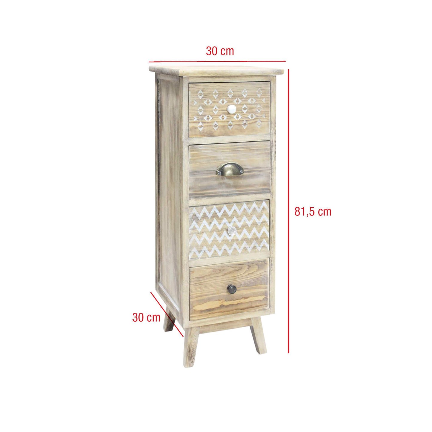 Rebecca Vintage Nachttisch, Kleine Kommode, 4 Schubladen, Hellbraun Shabby White, Leinen-Aufbewahrung - Maße: 81,5 x 30 x 30 cm (HxBxT) - Art. RE6619