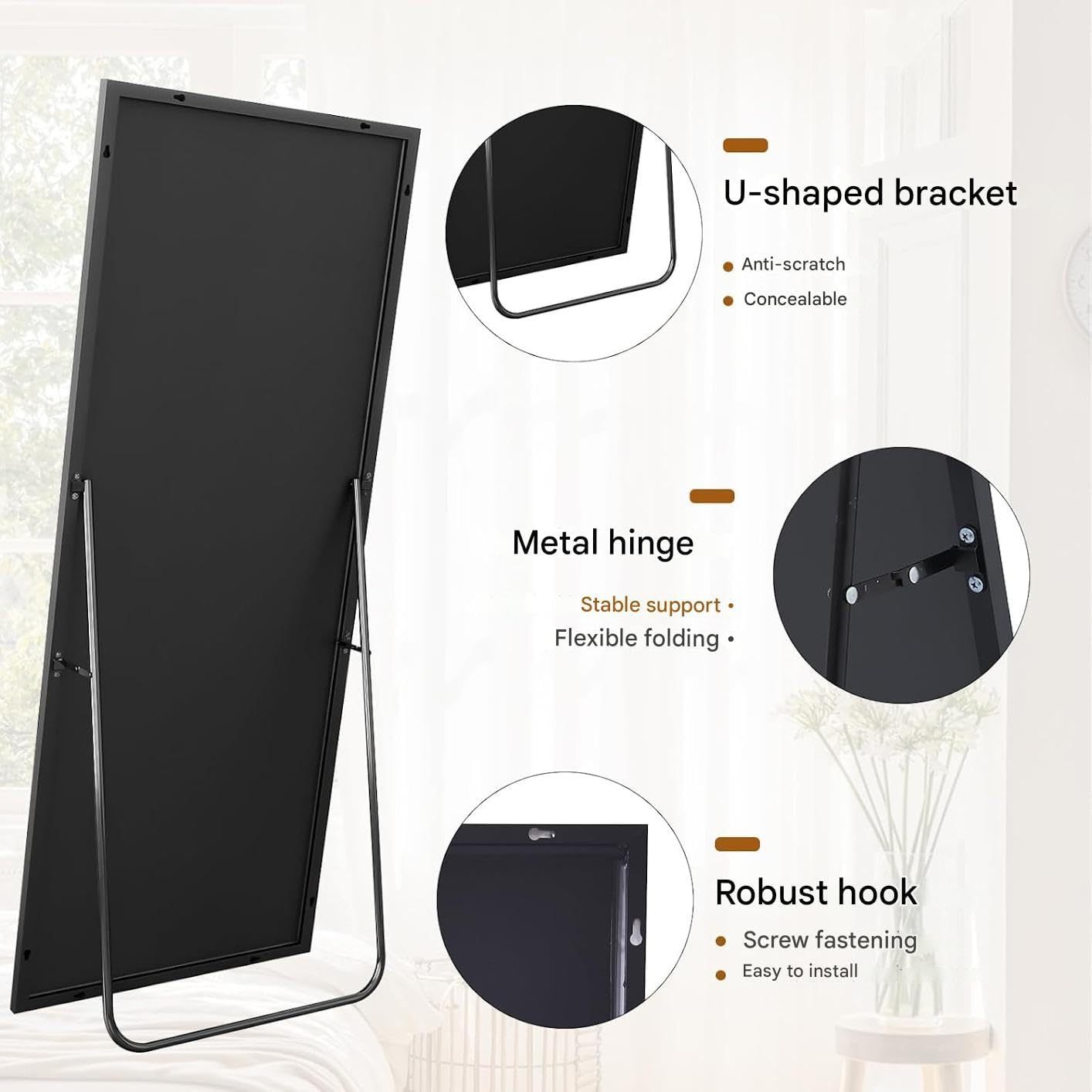 Koonmi 165 x 60 cm standing mirror, robust full-length mirror with minimalist, narrow aluminum frame, modern large wall mirror standing or hanging for living room and bedroom, black/gold