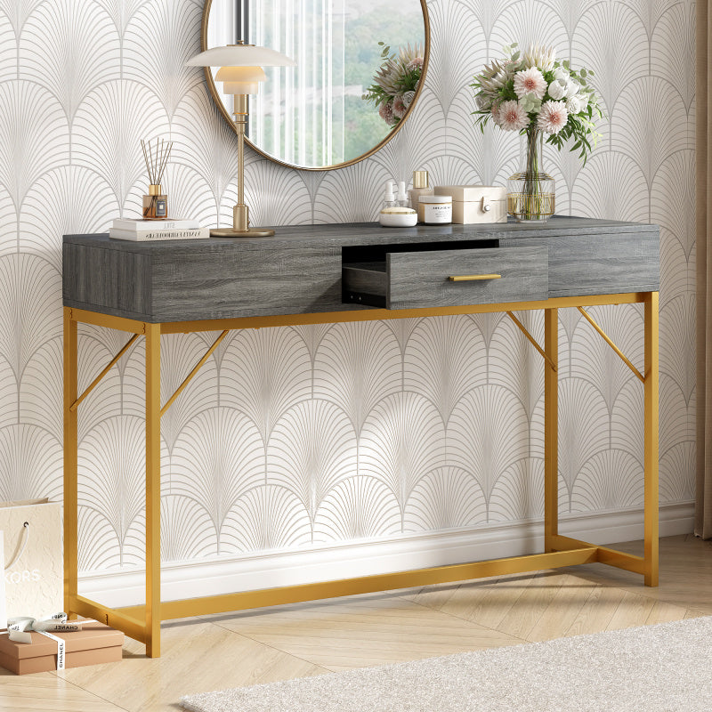 Konsolentisch, Flurkonsole mit 1 Schublade, Leichter Luxus-Beistelltisch, Couchtisch, 120X38X76 Cm, Grau/Golden