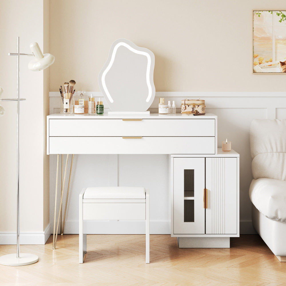 Stilvolles Schminktisch mit Spiegel, ausziehbares weißes Schminktisch-Set, europäischer Stil Flurschrank, einfacher kleiner Wohnungsseitenschrank, exquisiter und eleganter Nachttisch, Aufbewahrungsschrank, Zentralschrank, Bodenschrank, leichter Luxus-Sch