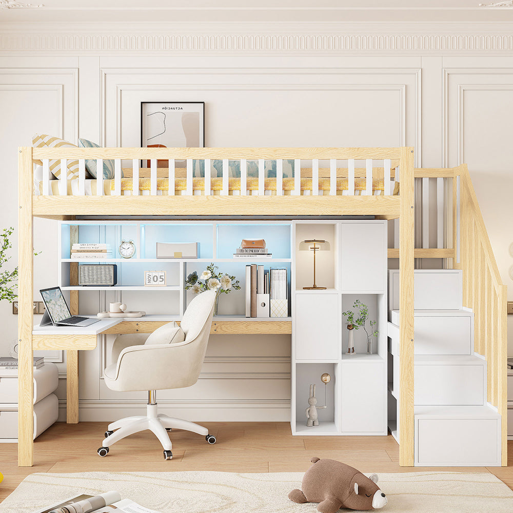 Holz-Naturstil Loftbett, ein integriertes Kombinationsbett mit Schreibtisch und Ablage, ein klassisches und praktisches Loftbett mit einem Oberbett und einem Untertisch, ein platzsparendes Multifunktionsbett für kleine Wohnungen, ein Aufbewahrungsbett mi