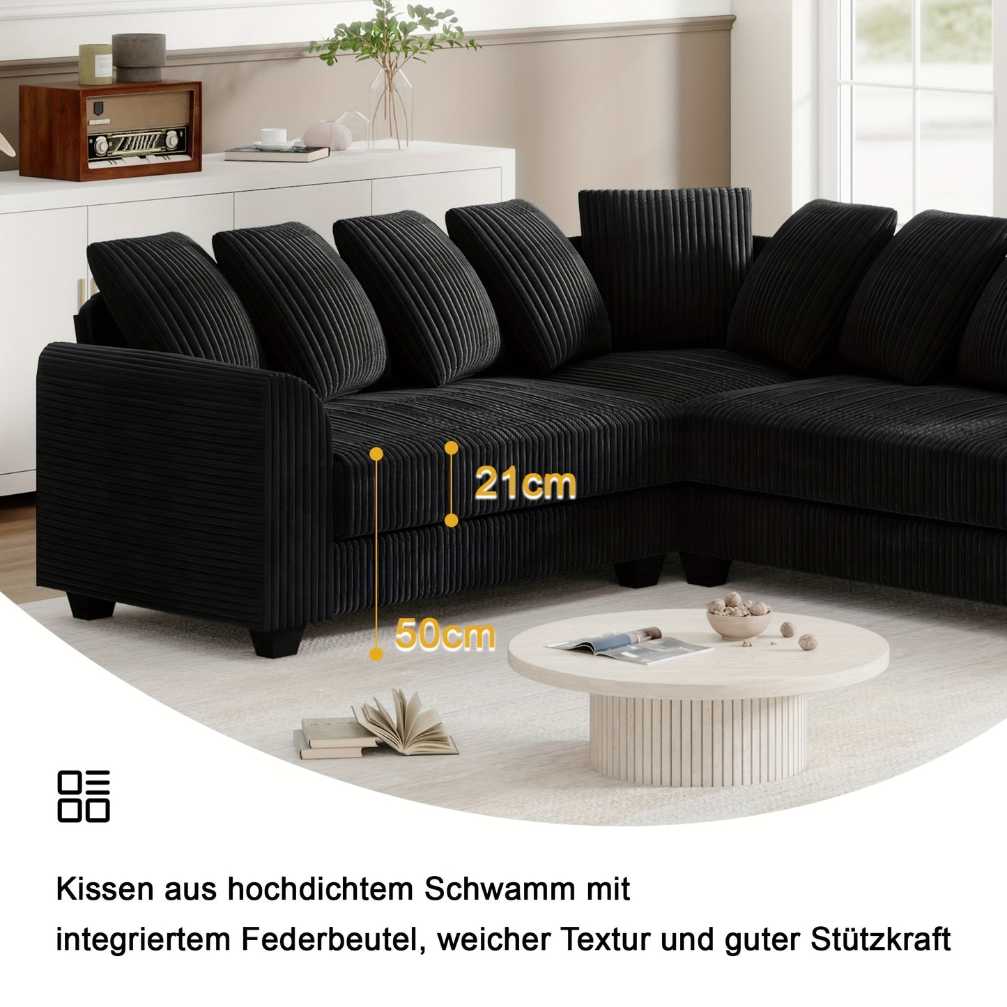 Moderner L-förmiger Ecksofa – Schwarzer Cordstoff mit Plüschpolster & Kissenlehne, platzsparendes Design für Wohnzimmer und Schlafzimmer, vielseitige Konfigurationen, weiche Polsterung, moderner Sitzsessel, gemütliche Couch, modulares Sofa