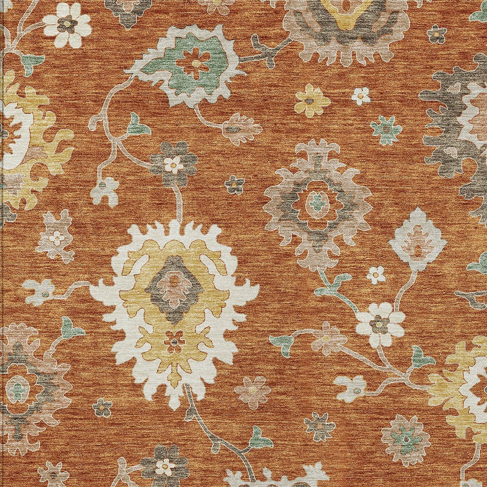 3' X 5' Orange Ivory And Gray Floral Washable Indoor Outdoor Area Rug
