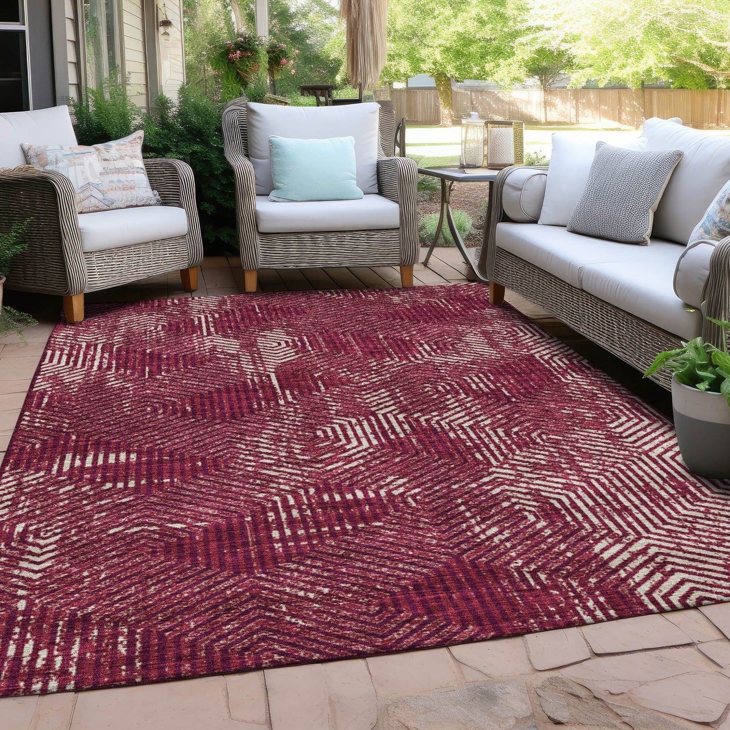 5' X 8' Burgundy And Ivory Geometric Washable Indoor Outdoor Area Rug