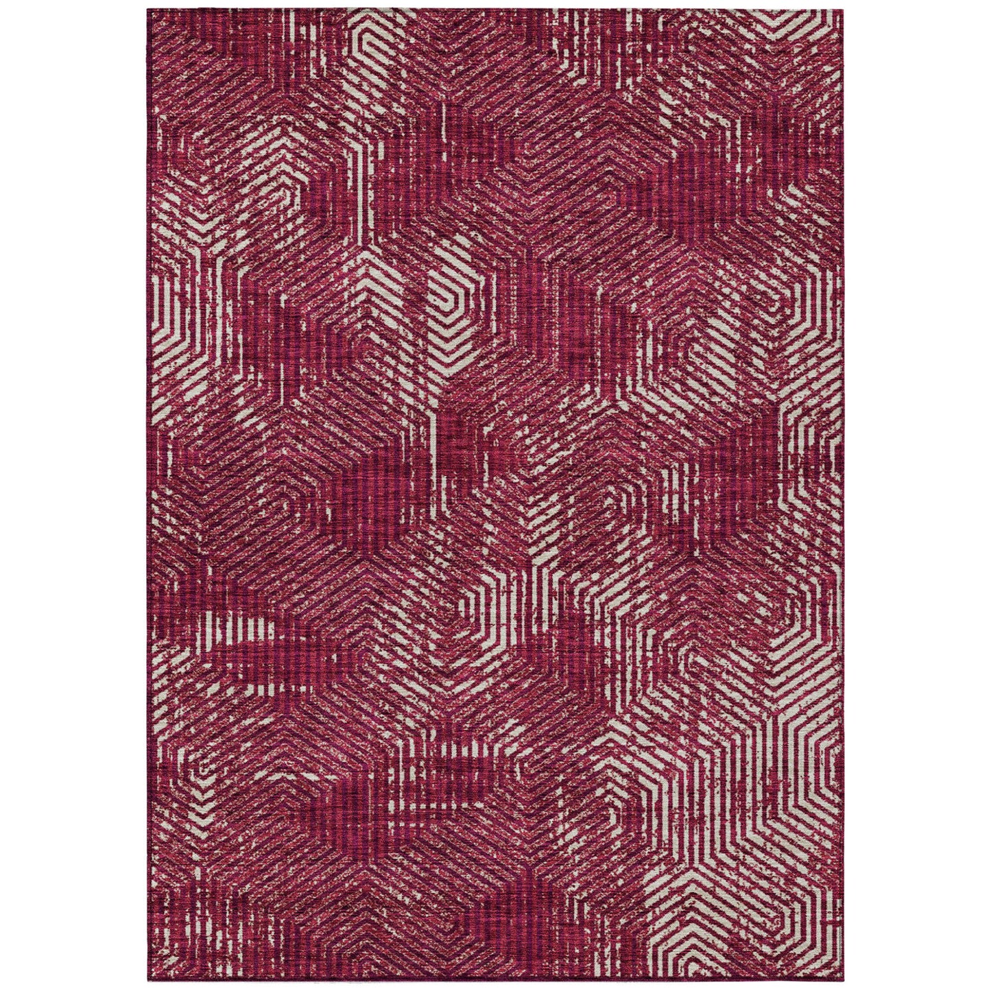 5' X 8' Burgundy And Ivory Geometric Washable Indoor Outdoor Area Rug
