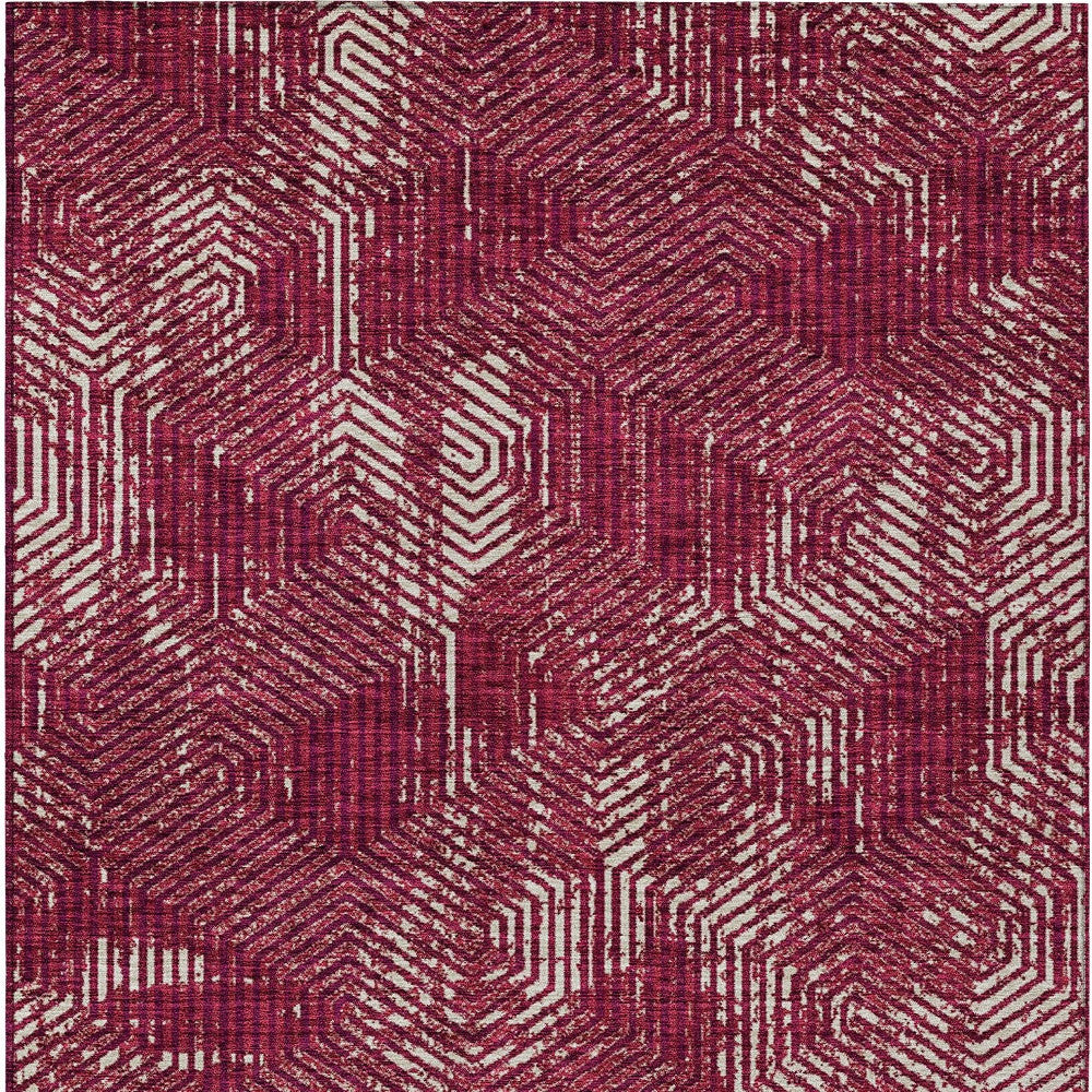 5' X 8' Burgundy And Ivory Geometric Washable Indoor Outdoor Area Rug