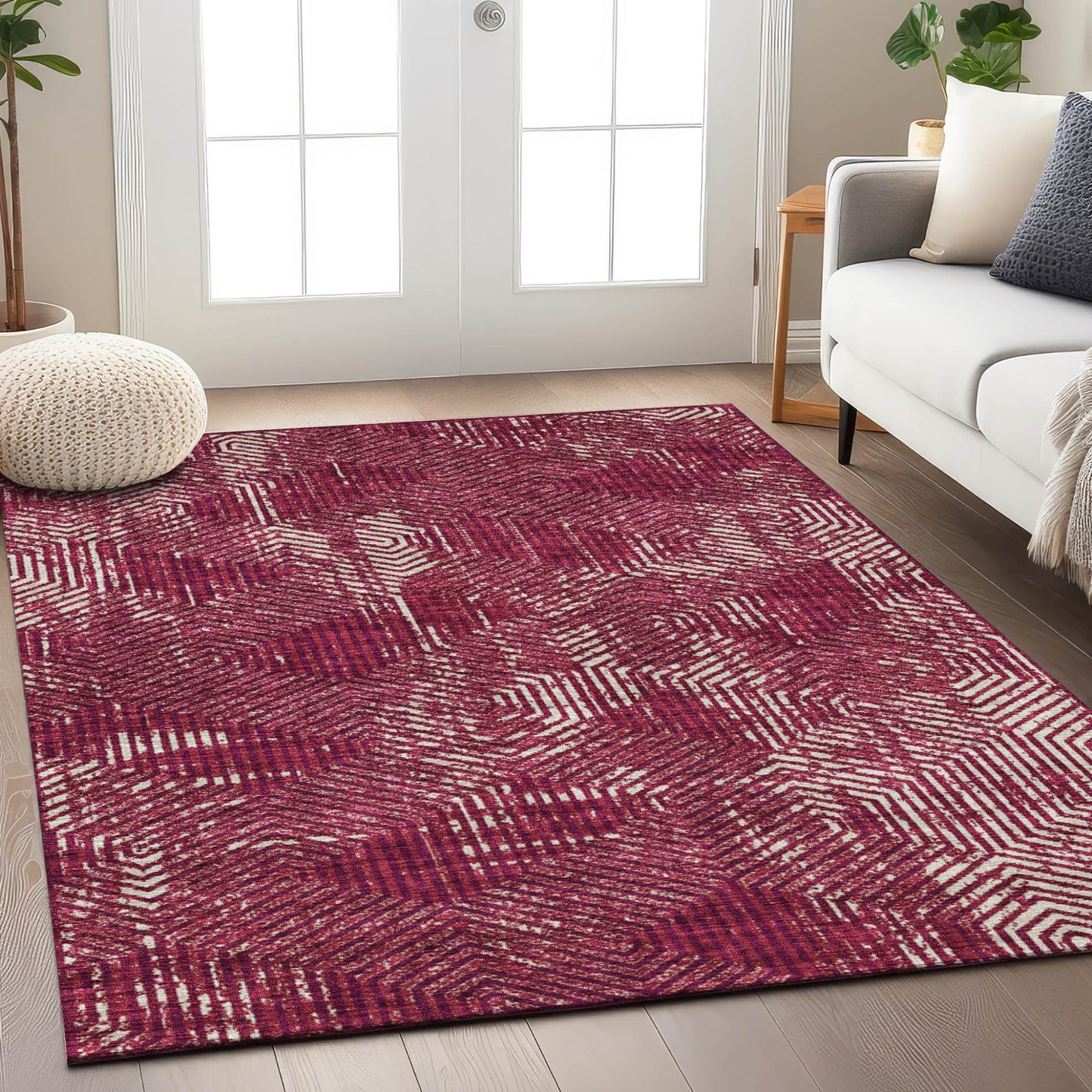 5' X 8' Burgundy And Ivory Geometric Washable Indoor Outdoor Area Rug