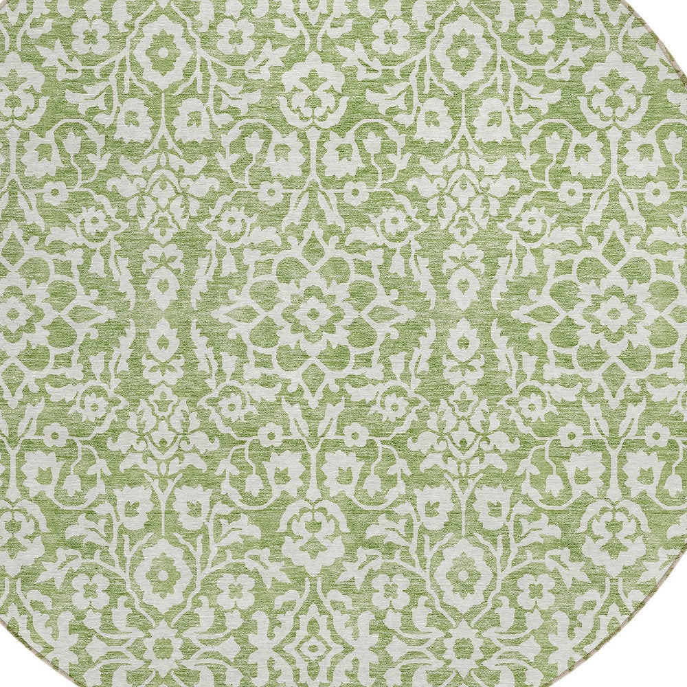 8' Green And Ivory Round Damask Washable Indoor Outdoor Area Rug