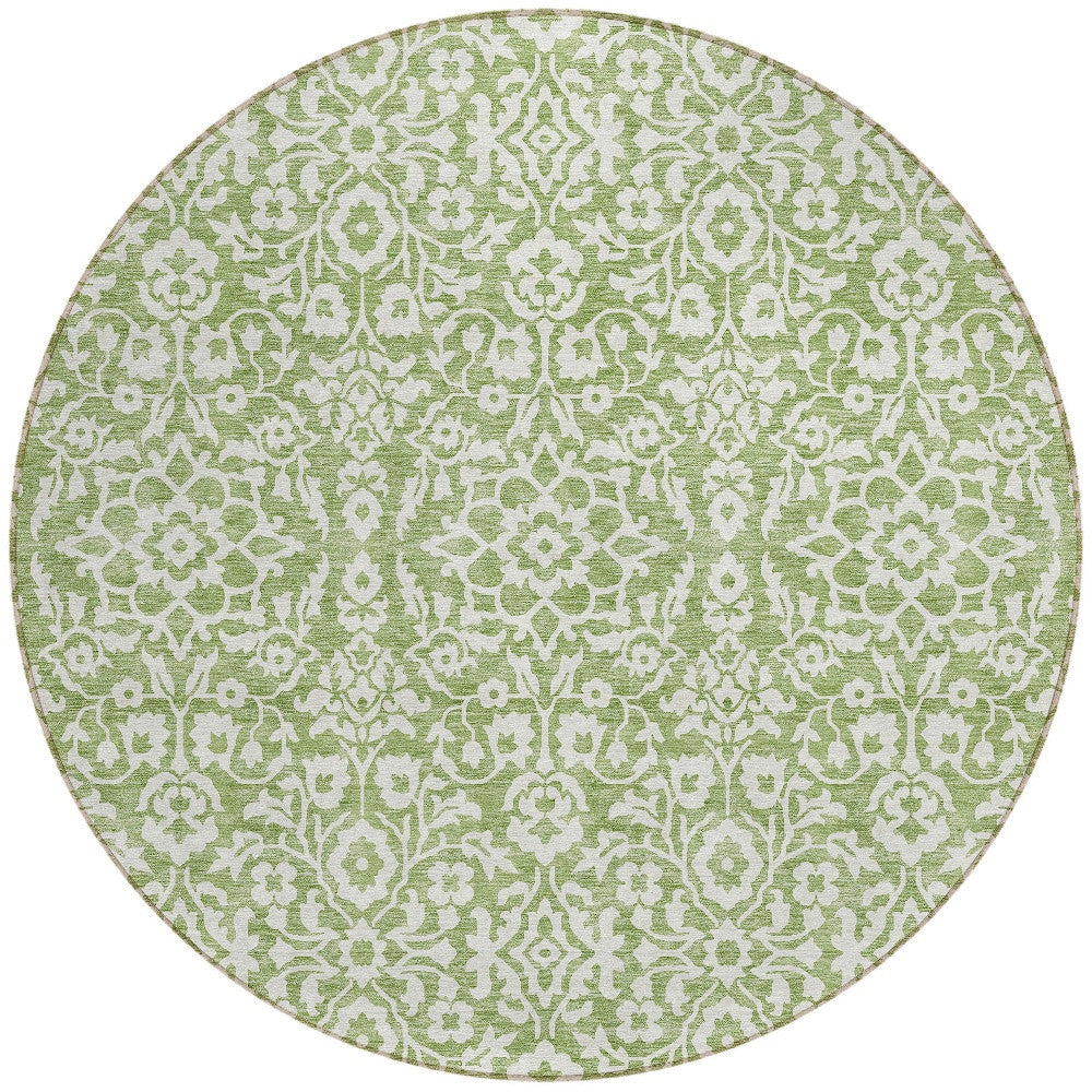 8' Green And Ivory Round Damask Washable Indoor Outdoor Area Rug