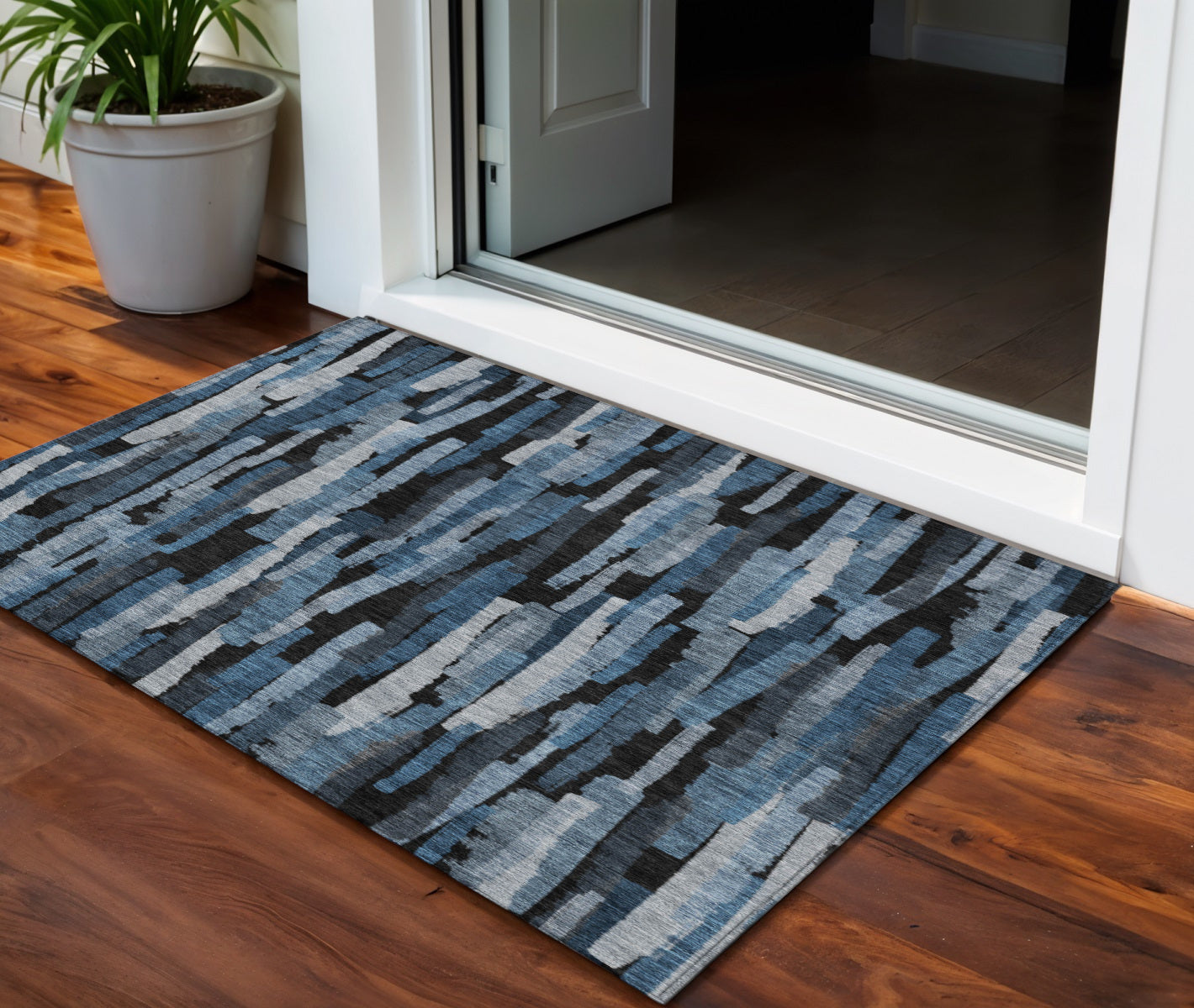 3' X 5' Blue Black And Gray Striped Washable Indoor Outdoor Area Rug