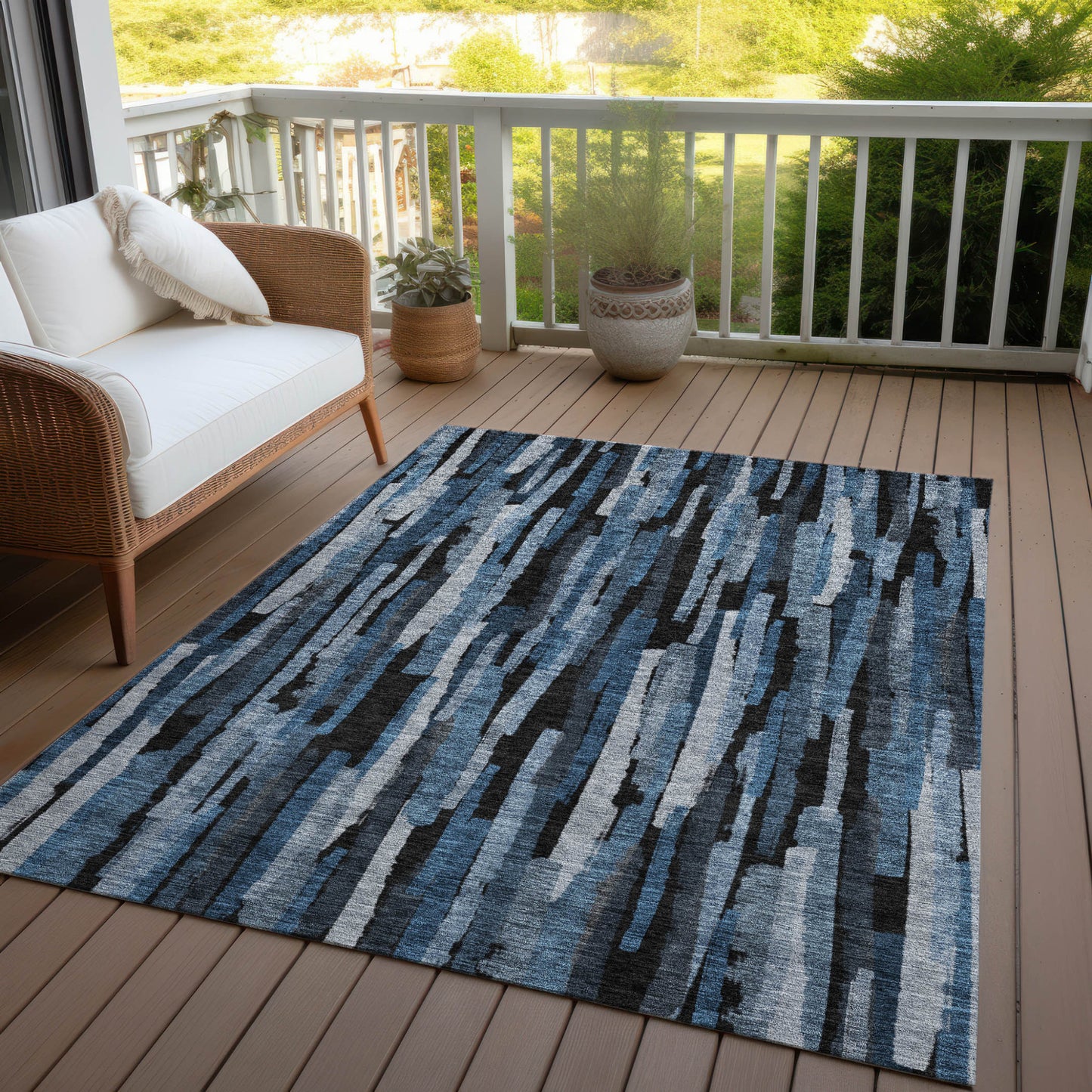 3' X 5' Blue Black And Gray Striped Washable Indoor Outdoor Area Rug
