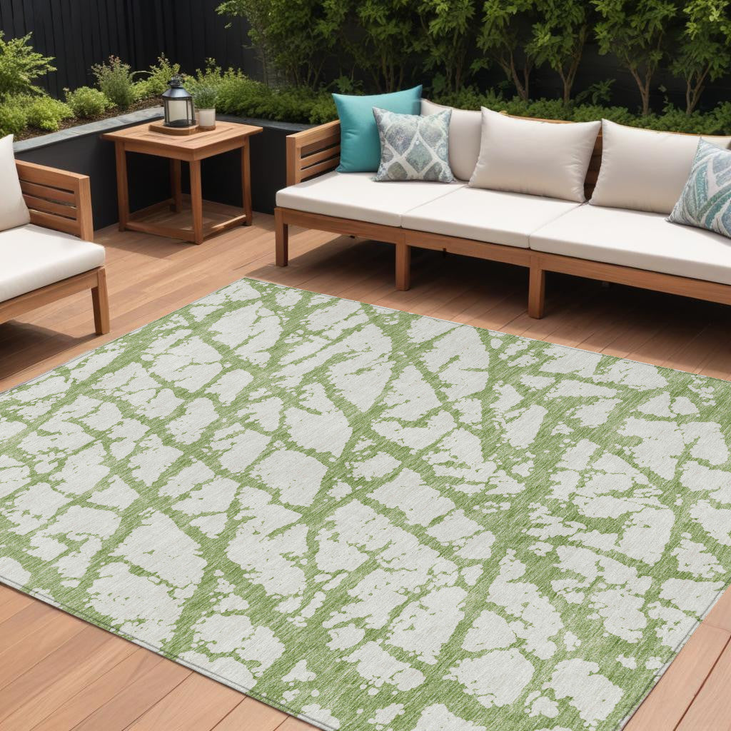 8' X 10' Green And Ivory Abstract Washable Indoor Outdoor Area Rug