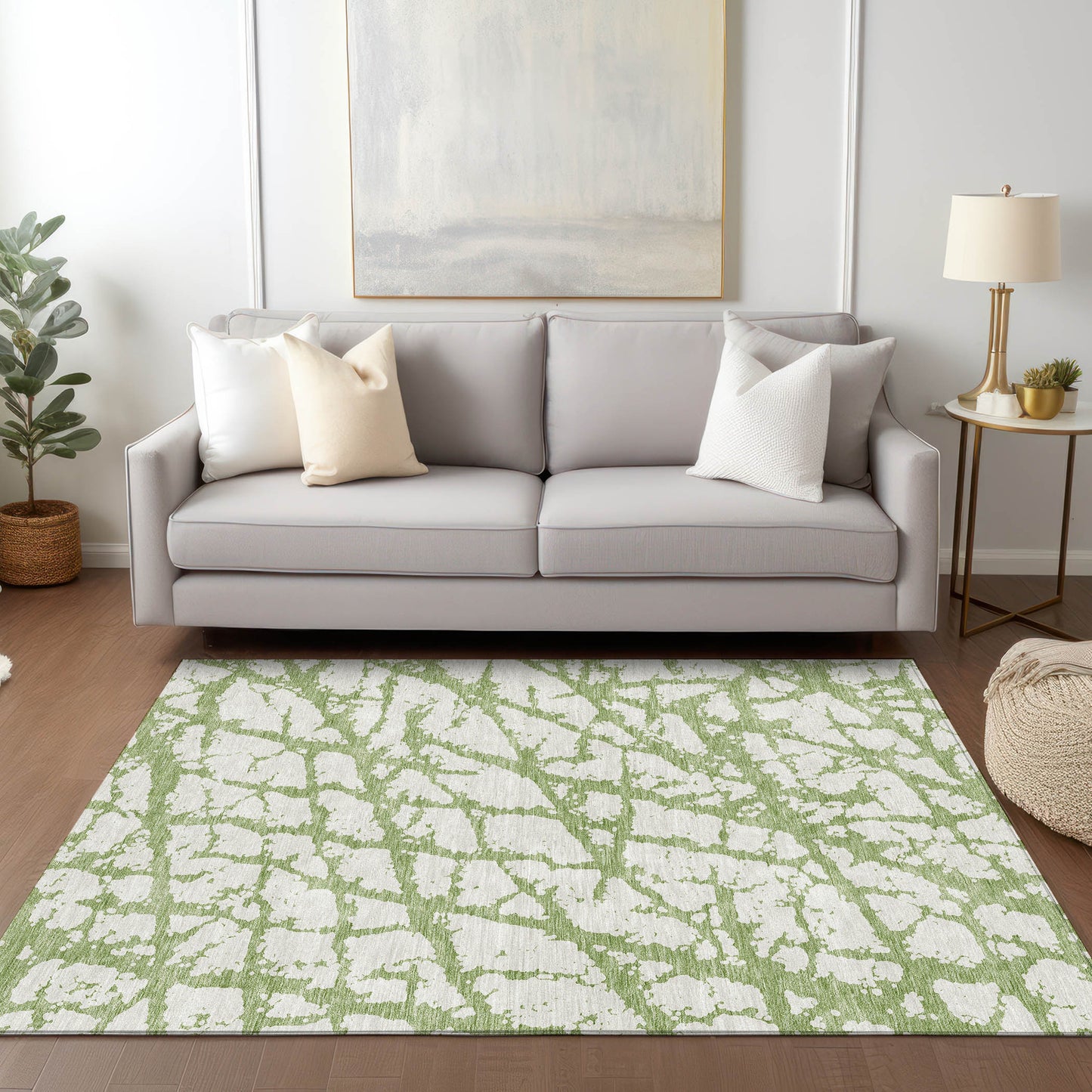 8' X 10' Green And Ivory Abstract Washable Indoor Outdoor Area Rug