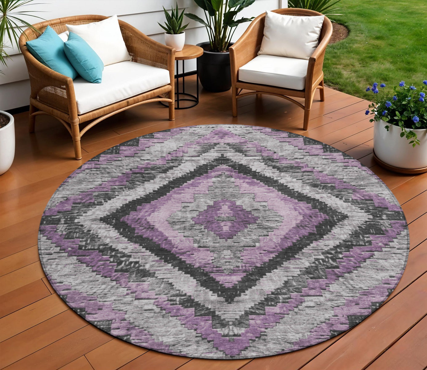 8' Lavender And Gray Round Aztec Washable Indoor Outdoor Area Rug