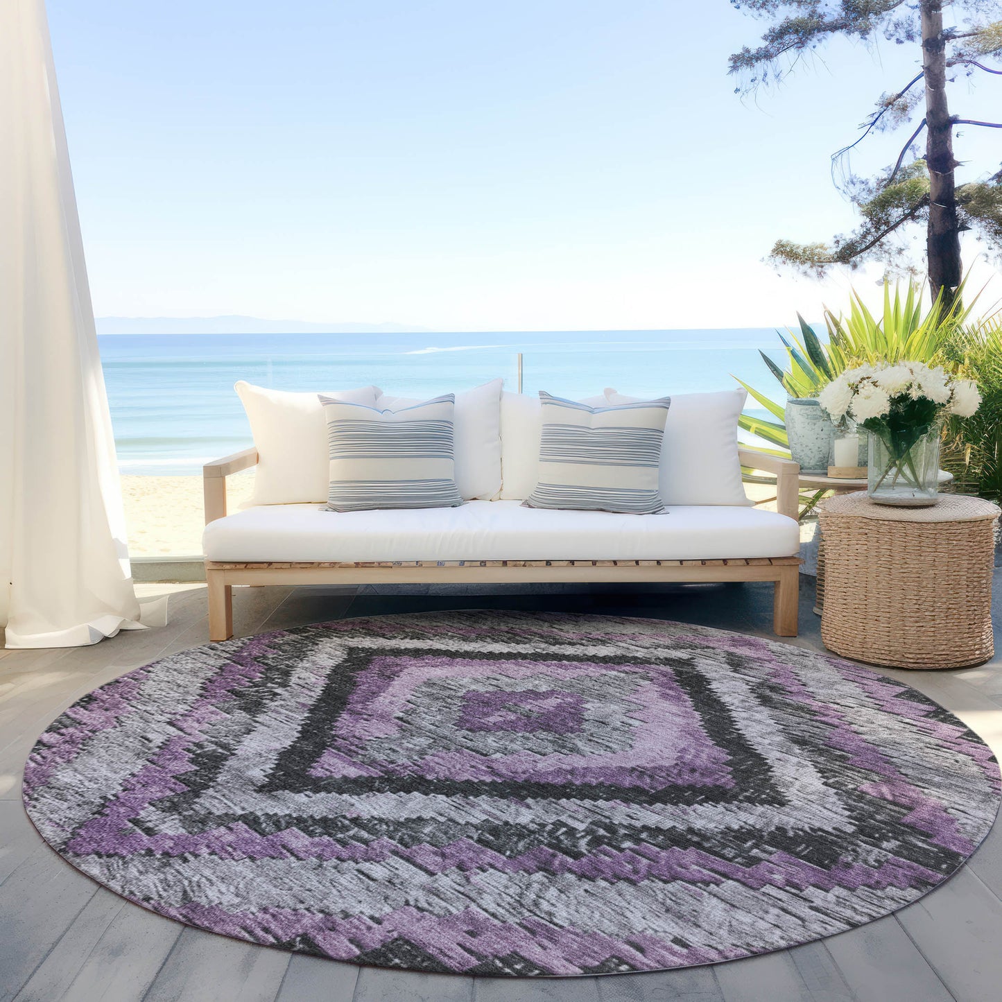 8' Lavender And Gray Round Aztec Washable Indoor Outdoor Area Rug