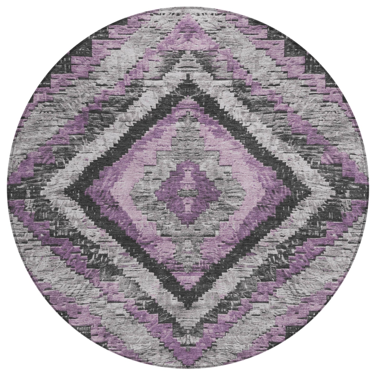 8' Lavender And Gray Round Aztec Washable Indoor Outdoor Area Rug
