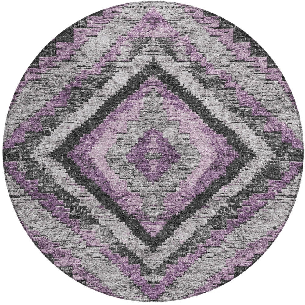 8' Lavender And Gray Round Aztec Washable Indoor Outdoor Area Rug