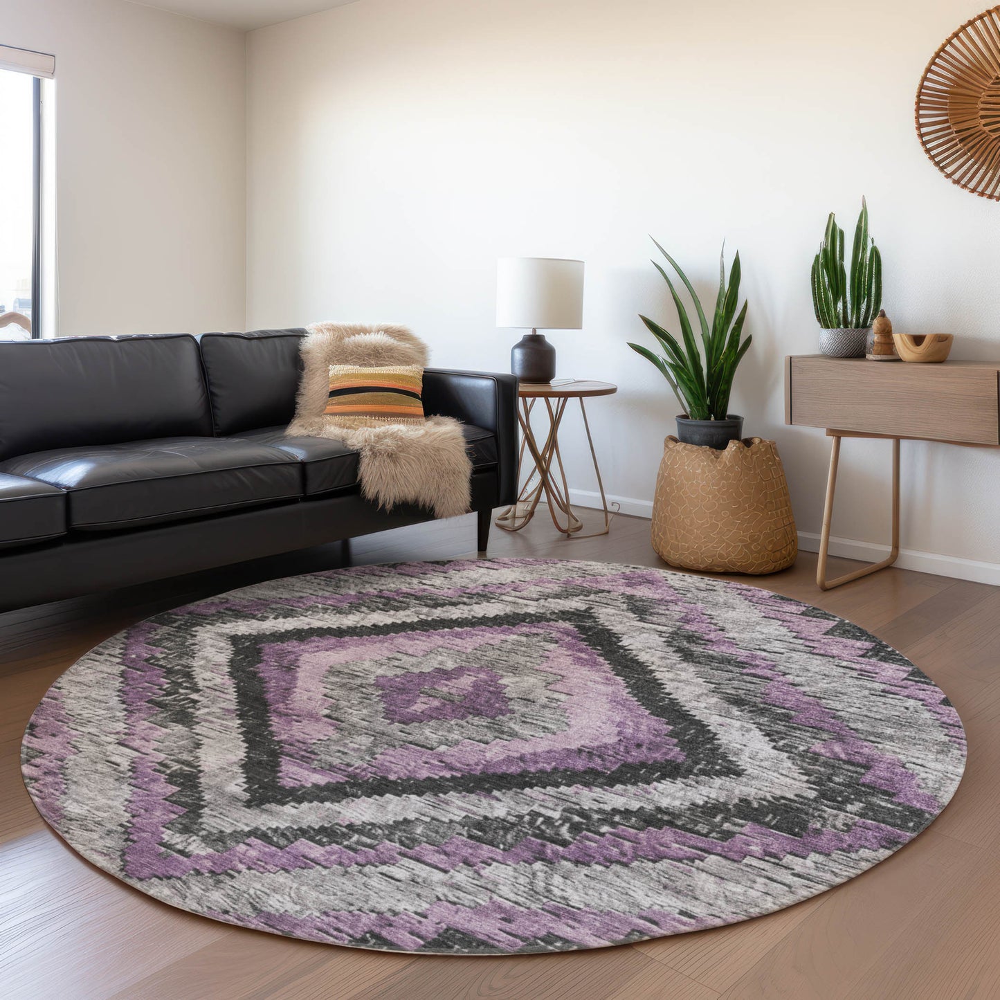8' Lavender And Gray Round Aztec Washable Indoor Outdoor Area Rug