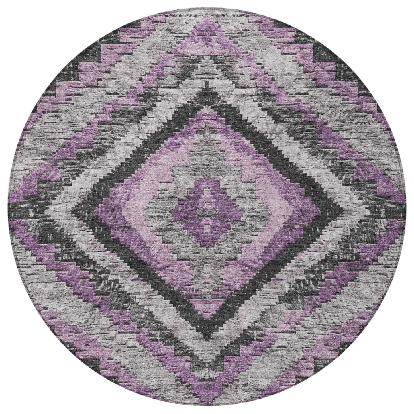 8' Lavender And Gray Round Aztec Washable Indoor Outdoor Area Rug