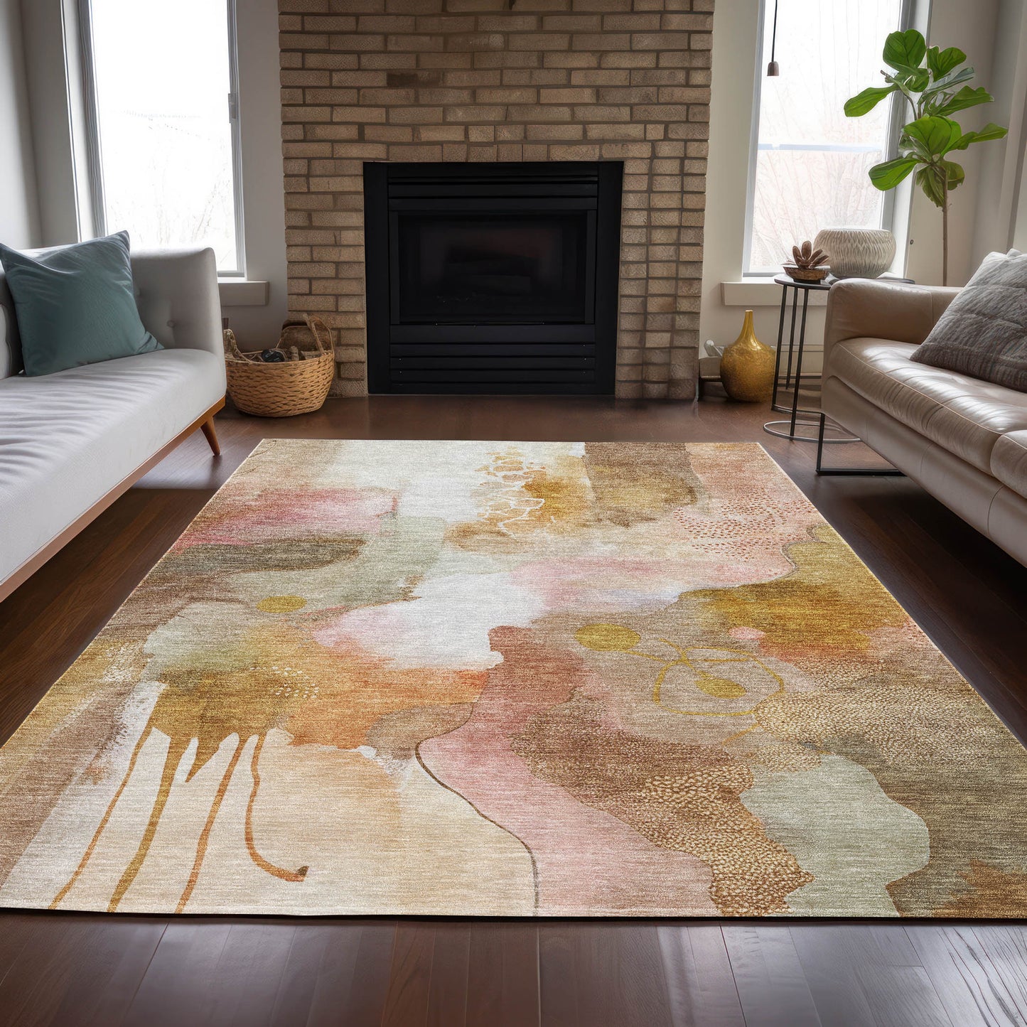 5' X 8' Mauve Copper And Ivory Abstract Washable Indoor Outdoor Area Rug