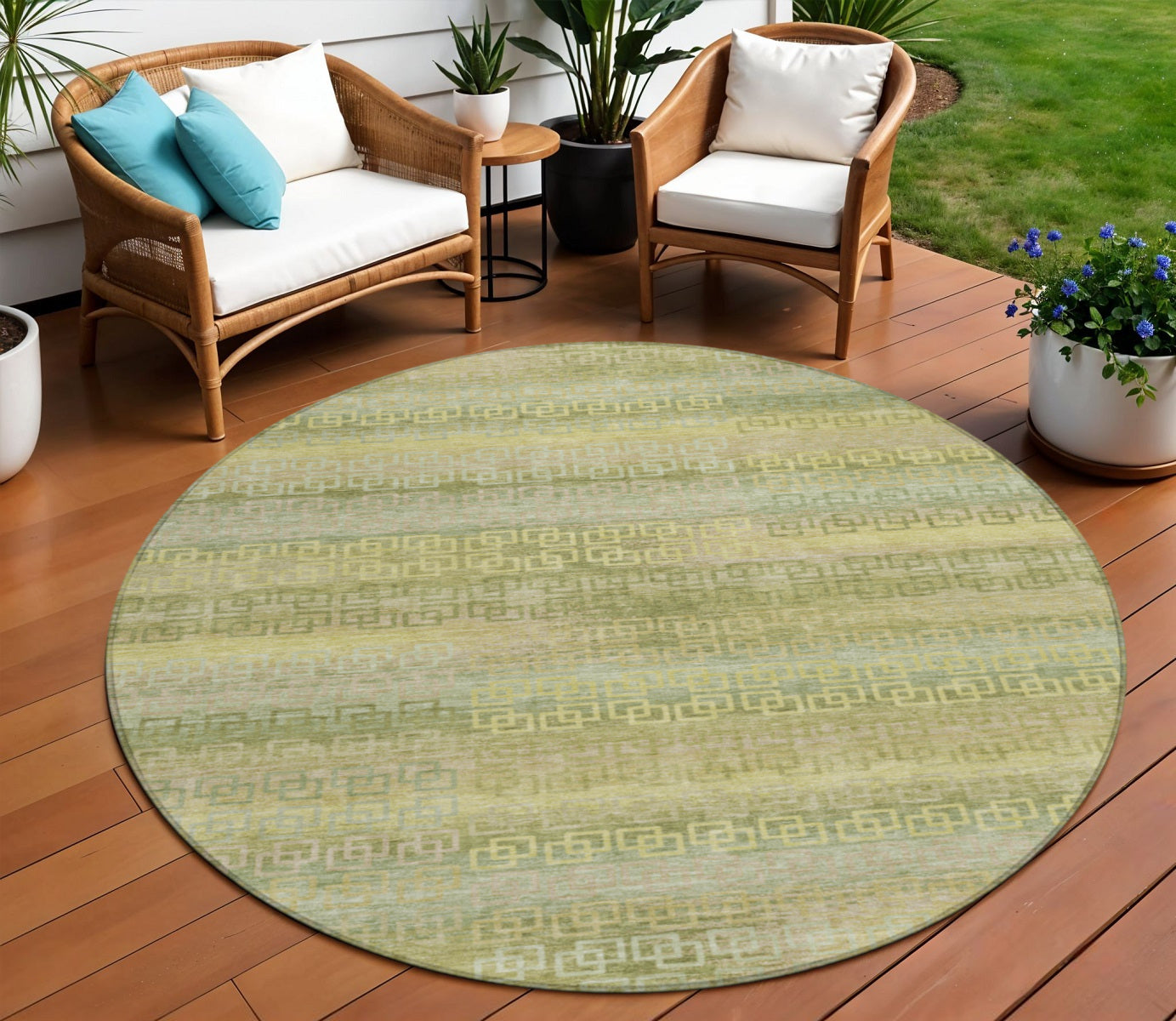 8' Sage And Gold Round Striped Washable Indoor Outdoor Area Rug