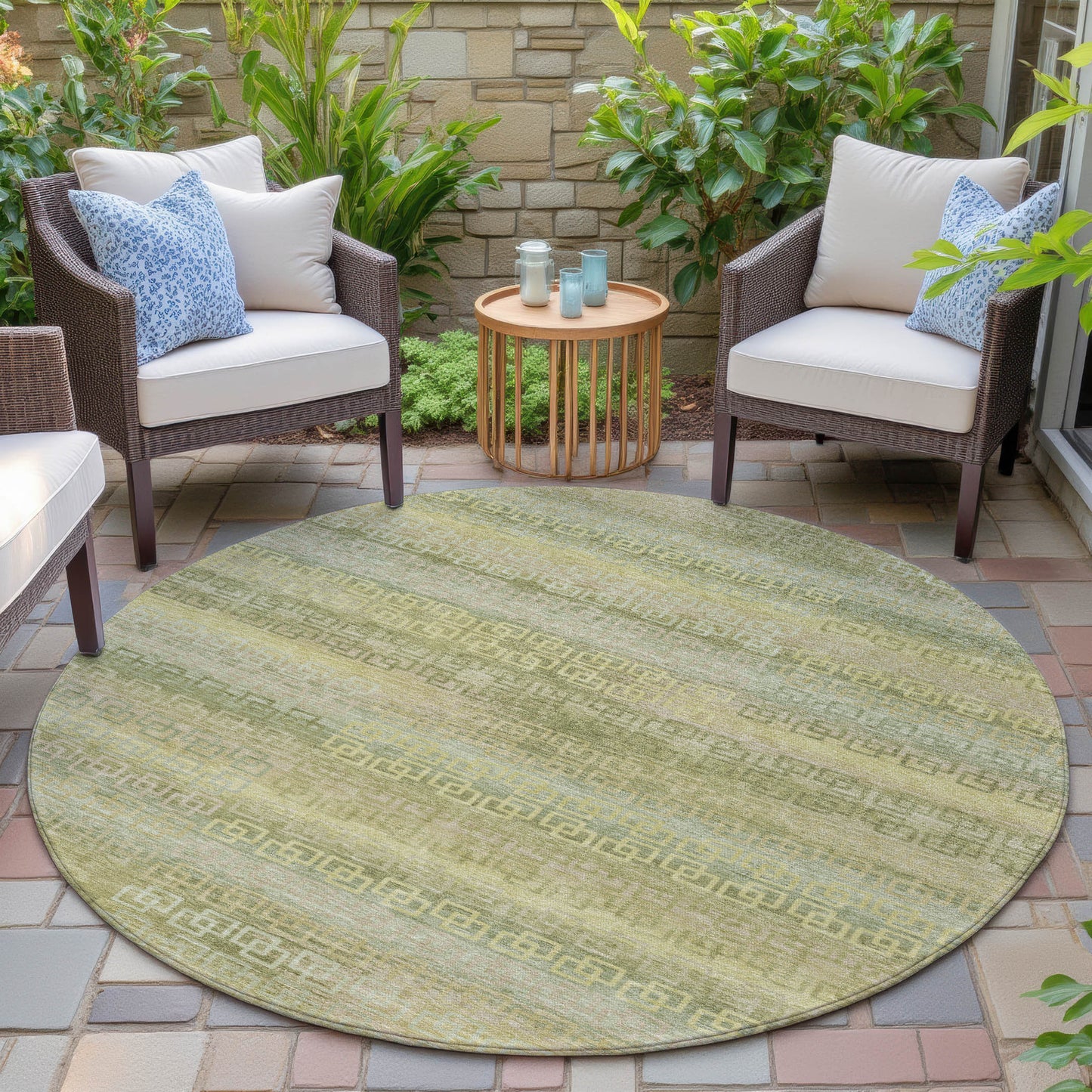 8' Sage And Gold Round Striped Washable Indoor Outdoor Area Rug