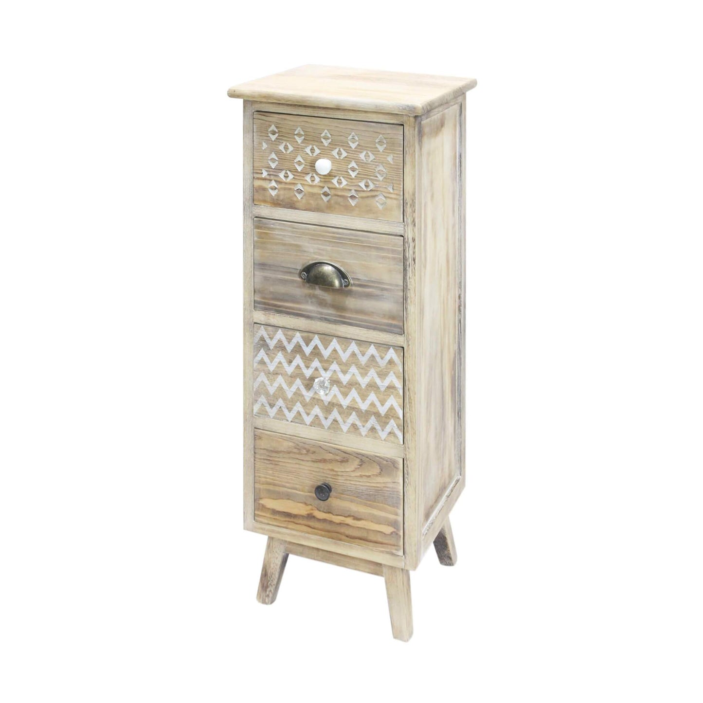 Rebecca Vintage Nachttisch, Kleine Kommode, 4 Schubladen, Hellbraun Shabby White, Leinen-Aufbewahrung - Maße: 81,5 x 30 x 30 cm (HxBxT) - Art. RE6619