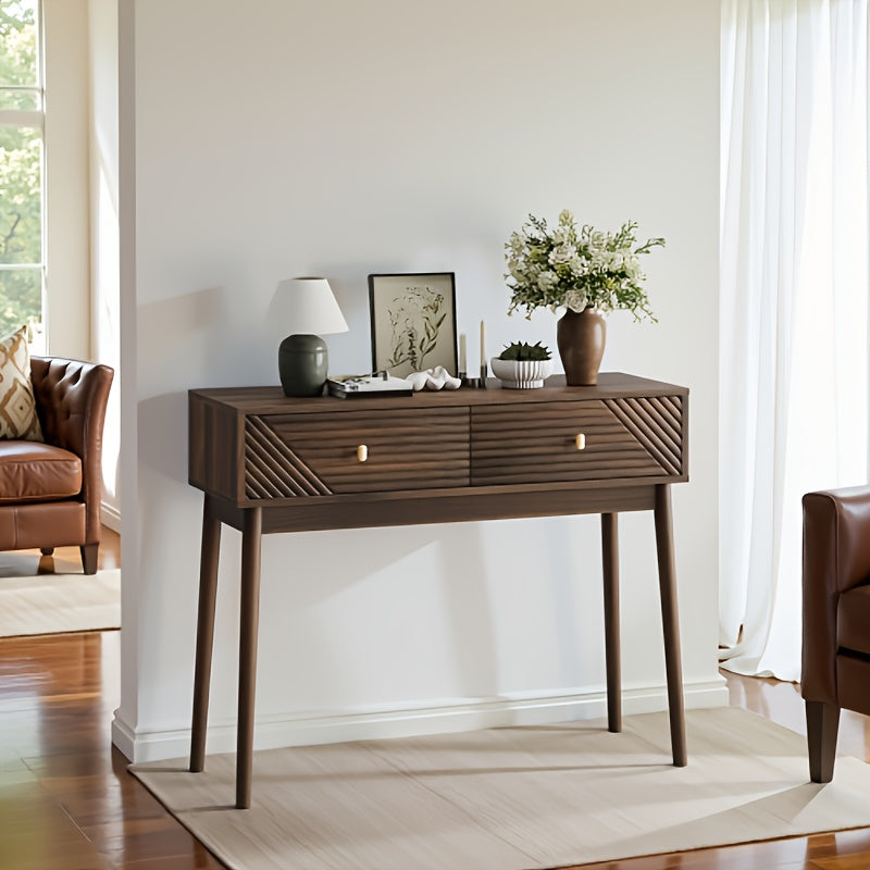 Mid-Century Modern Bambus-Beistelltisch mit Schubladen & offenem Regal – Tragbarer Sofatisch, 68,58 cm Höhe, einfache Montage für Wohnzimmer, Flur, Eingangsbereich – Platzsparende Aufbewahrungsmöbel, zeitgenössisches minimalistisches Design, langlebige B