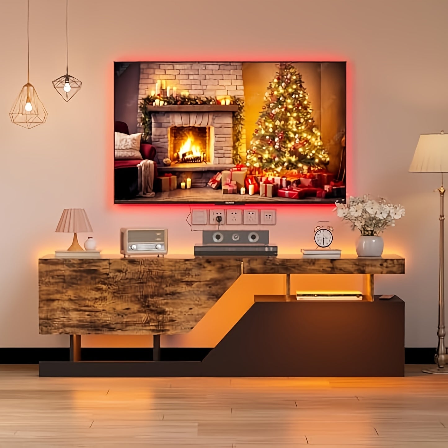 TV-Schrank mit 2 Klappen/Türen, Moderne Grifffreie Offene TV-Seitentheke für Fernseher bis zu 165.1 cm, TV-Tischsideboard für Wohnzimmer und Unterhaltungszimmer