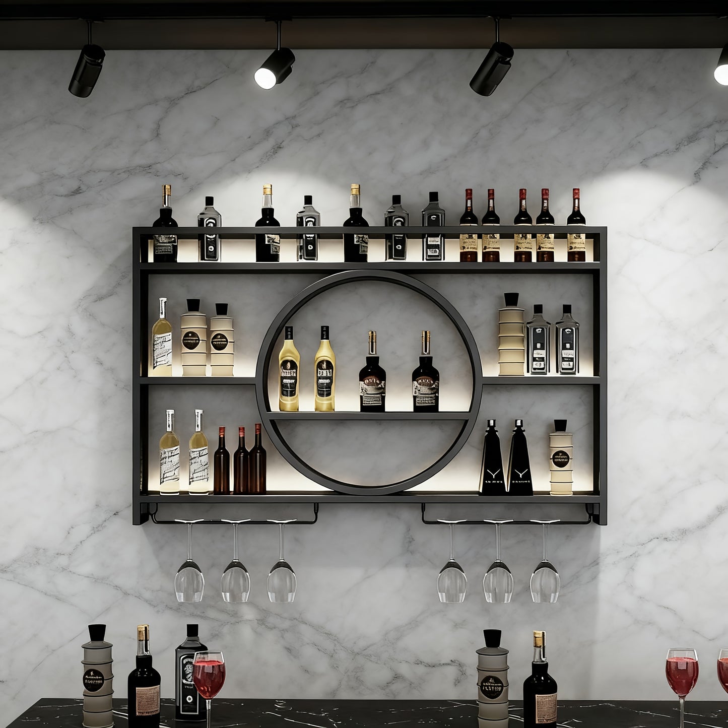 119,99 cm Moderner Metall-Wandweinregal mit LED-Beleuchtung, Schwebende Regale für Flaschen Gläser, Dekorativer Organizer für Bar, Restaurant & Esszimmer