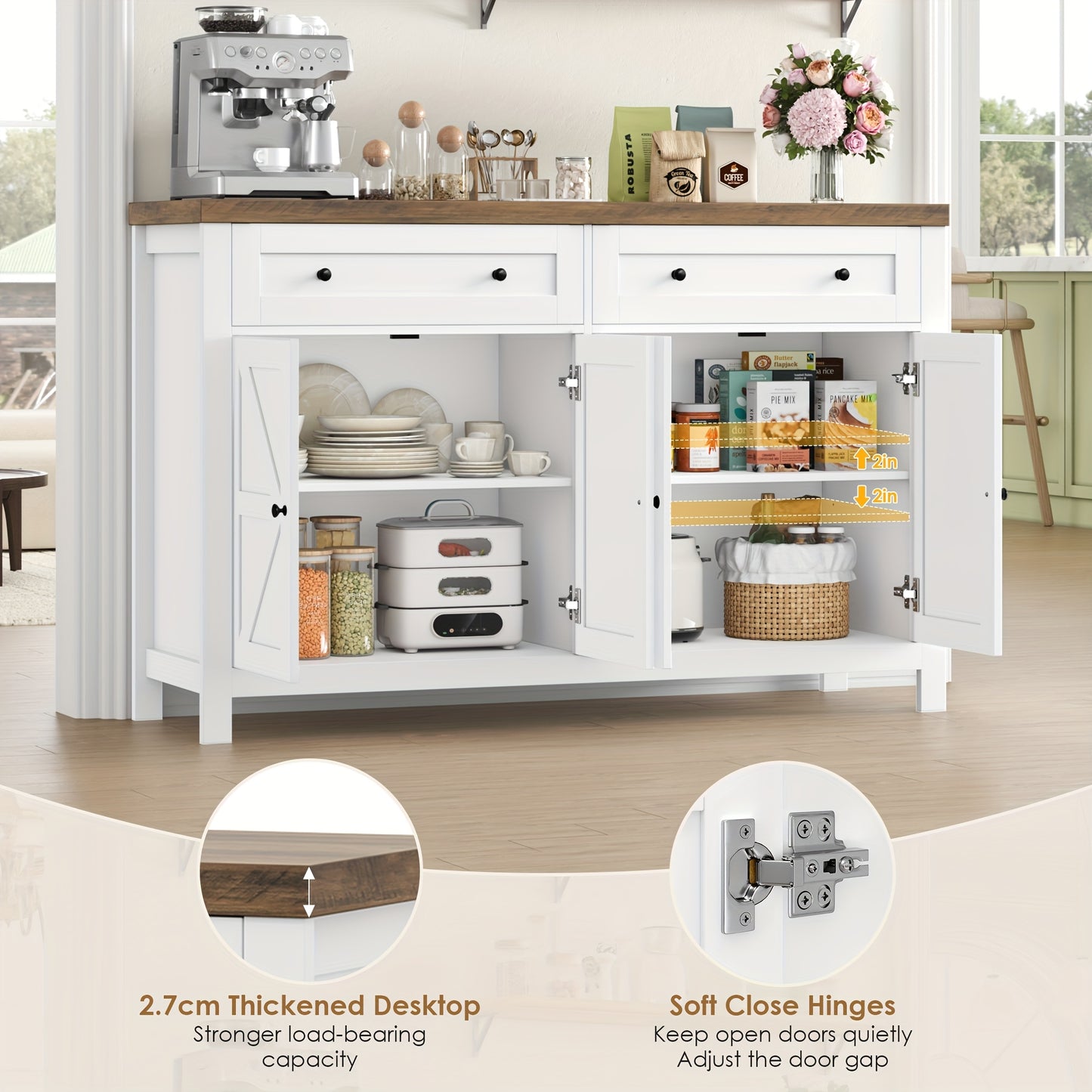 Kealive 140 cm Sideboard, Kitchen Cabinet with Adjustable Shelf, White Buffet Cabinet with 2 Drawers and 4 Doors, Modern, for Kitchen, Living Room, Hallway