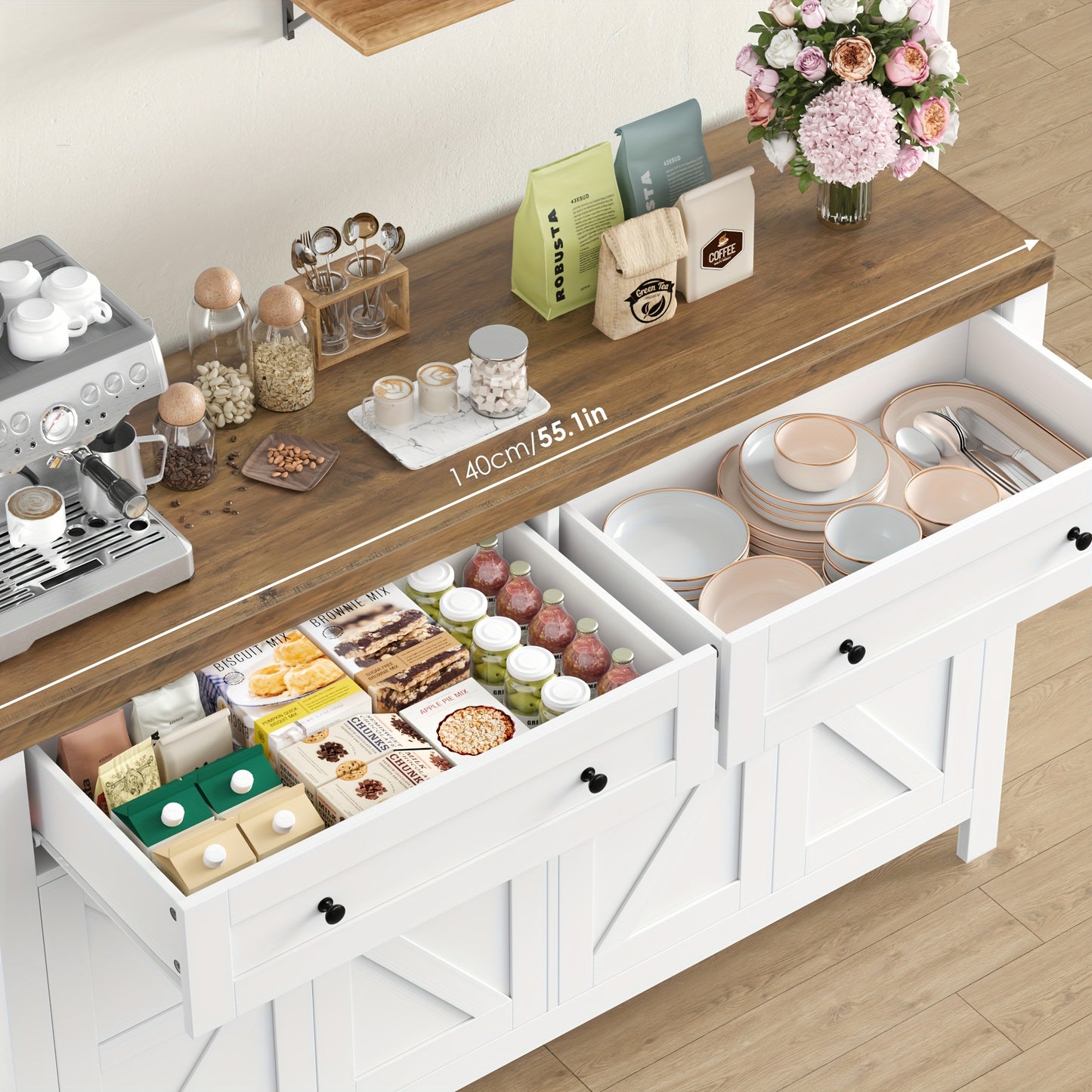 Kealive 140 cm Sideboard, Kitchen Cabinet with Adjustable Shelf, White Buffet Cabinet with 2 Drawers and 4 Doors, Modern, for Kitchen, Living Room, Hallway