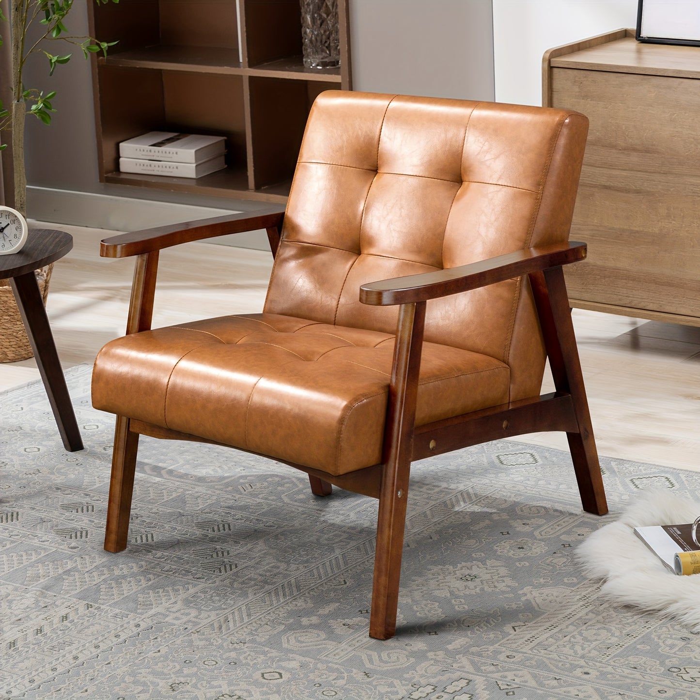Ergonomischer Vintage-Armlehnstuhl aus Kunstleder mit Massivholzrahmen - Dickes Kissen, Retro-Stil für Wohnzimmer, Schlafzimmer, Café, Büro - Karamellbraun, Stuhl für Wohnzimmer, Handstützenstuhl
