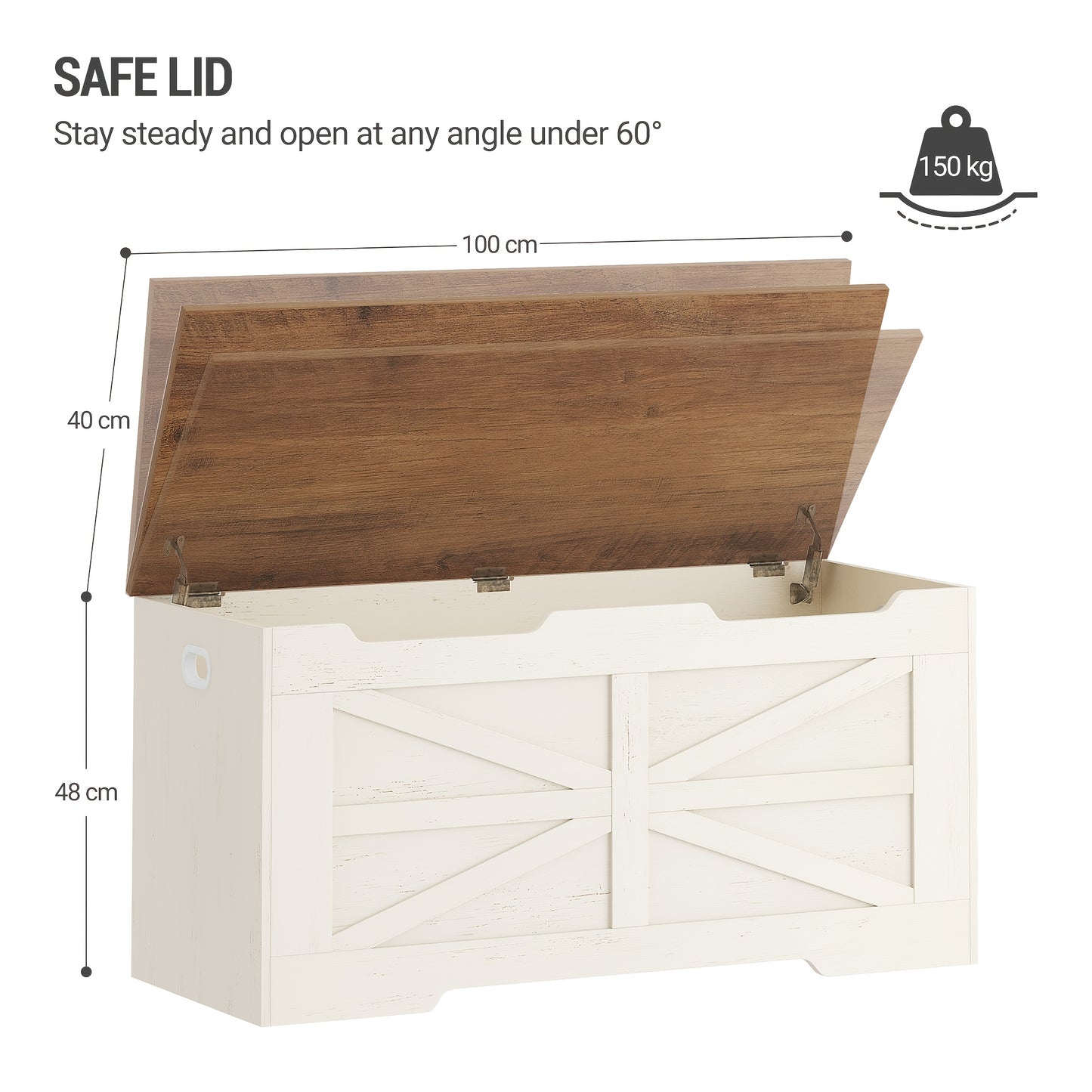 Lever-top storage bench with 2 safety hinges - 100cm white & wood organizer for entryway, bedroom, living room - Versatile shoe storage with decorative lid, classic design, sturdy construction, minimalist design
